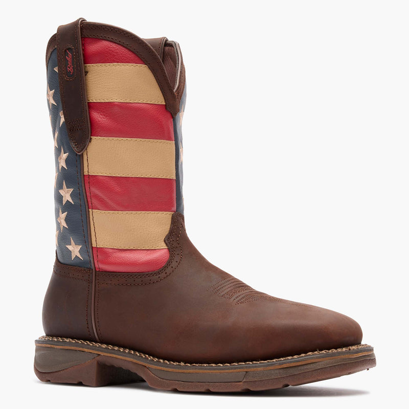 Front view of Durango Workin' Rebel work boots with American flag shaft design