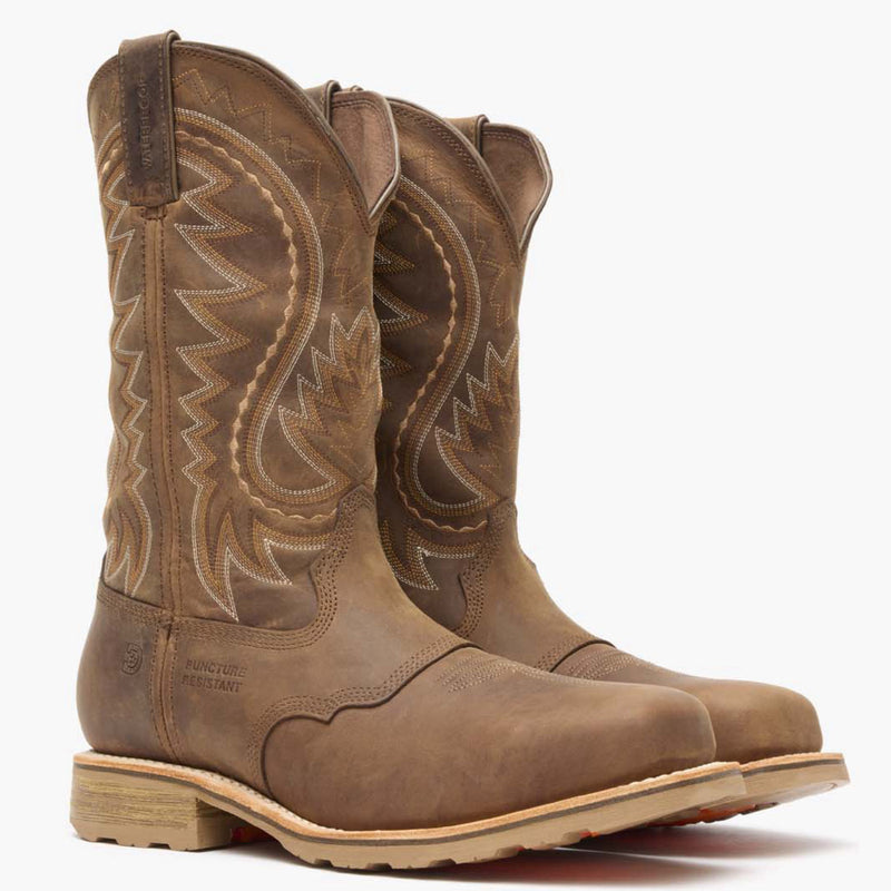 Front pair view of Durango Maverick Pro brown square toe work boots with puncture resistant emboss