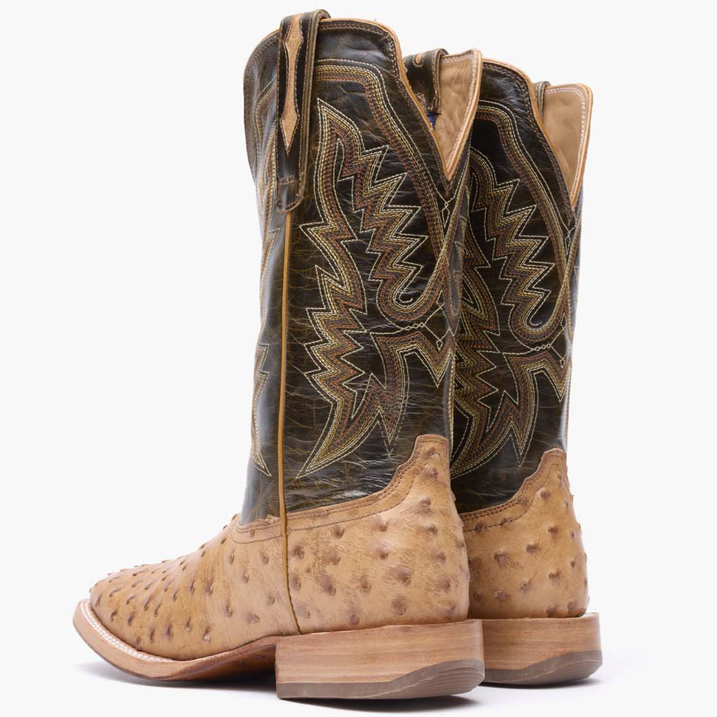 Back pair view of Durango PRCA ostrich leather square toe western boots in brown