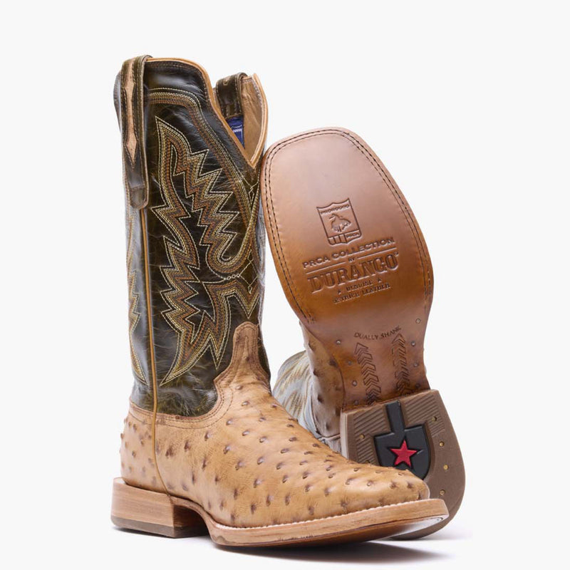 Front pair view of Durango PRCA ostrich leather square toe western boots in brown with outsole showing