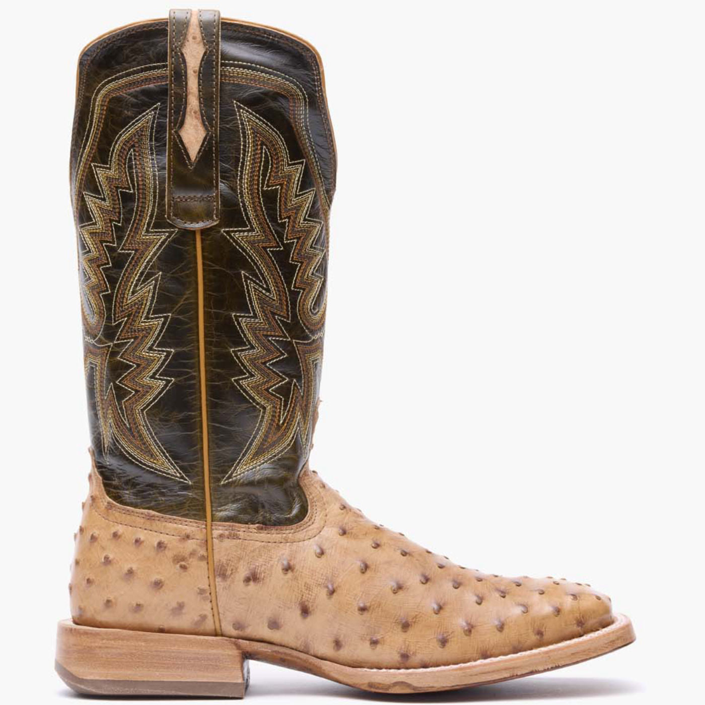 Outer side view of Durango PRCA ostrich leather square toe western boot in brown