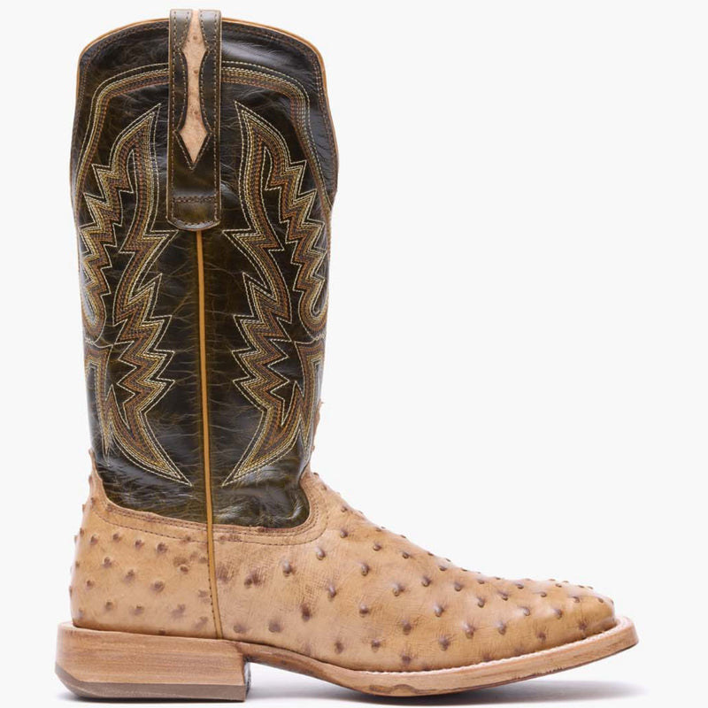 Outer side view of Durango PRCA ostrich leather square toe western boot in brown