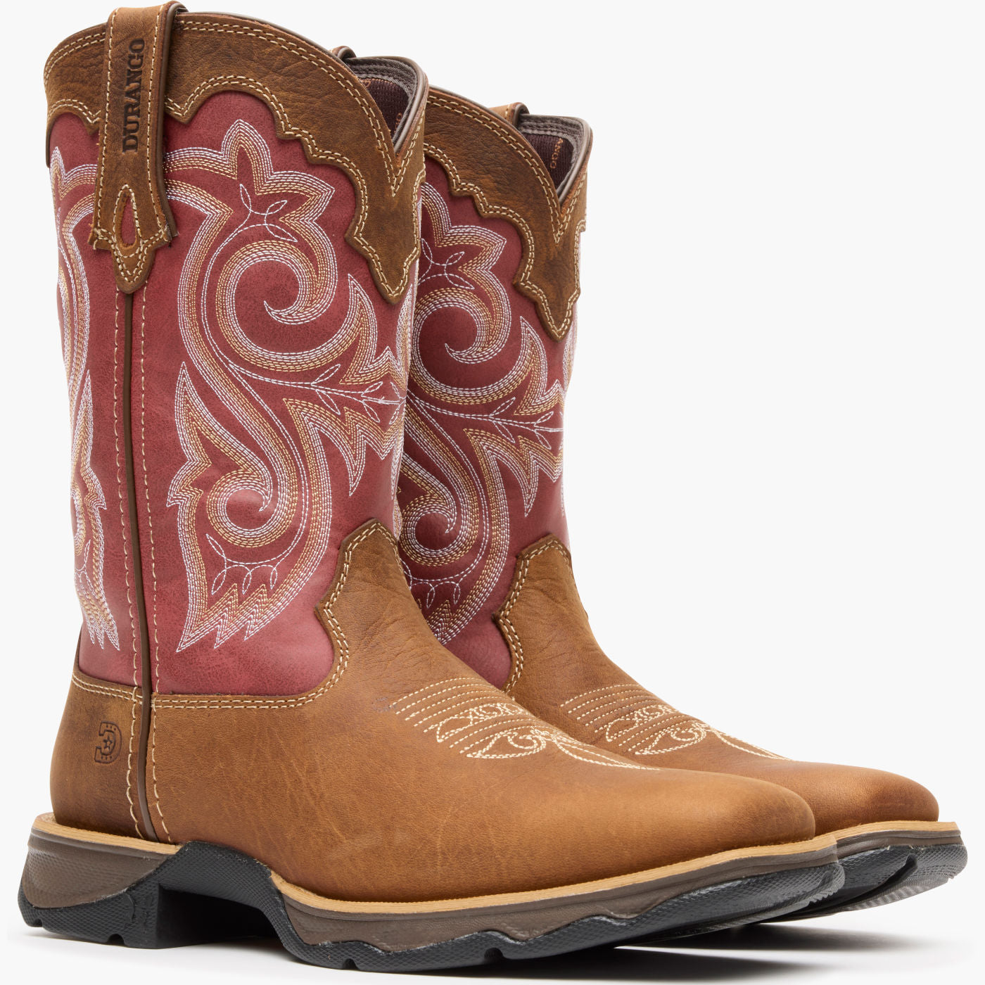 Front pair view of Durango Lady Rebel brown and red western boots