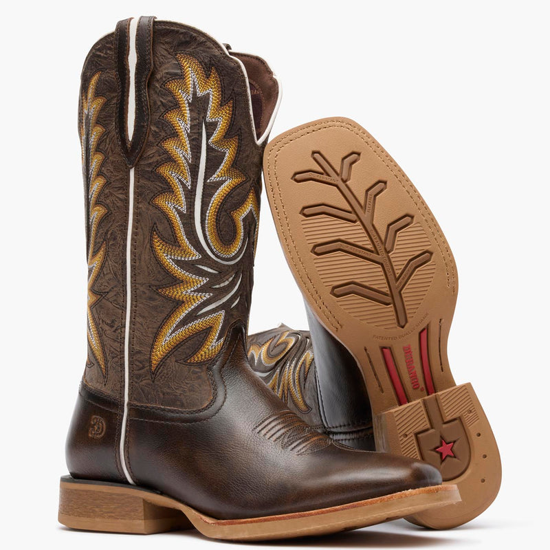 Front pair view of Durango Lady Rebel Pro brown women's cowgirl boots with rubber outsole showing.
