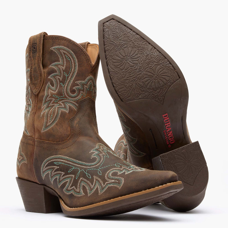 Front view of a pair of Durango Shyloh brown fashion toe western boots showing outsole