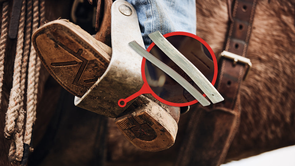 Close up of a cowboy boot in stirrup with a close up of the Dually Shank System
