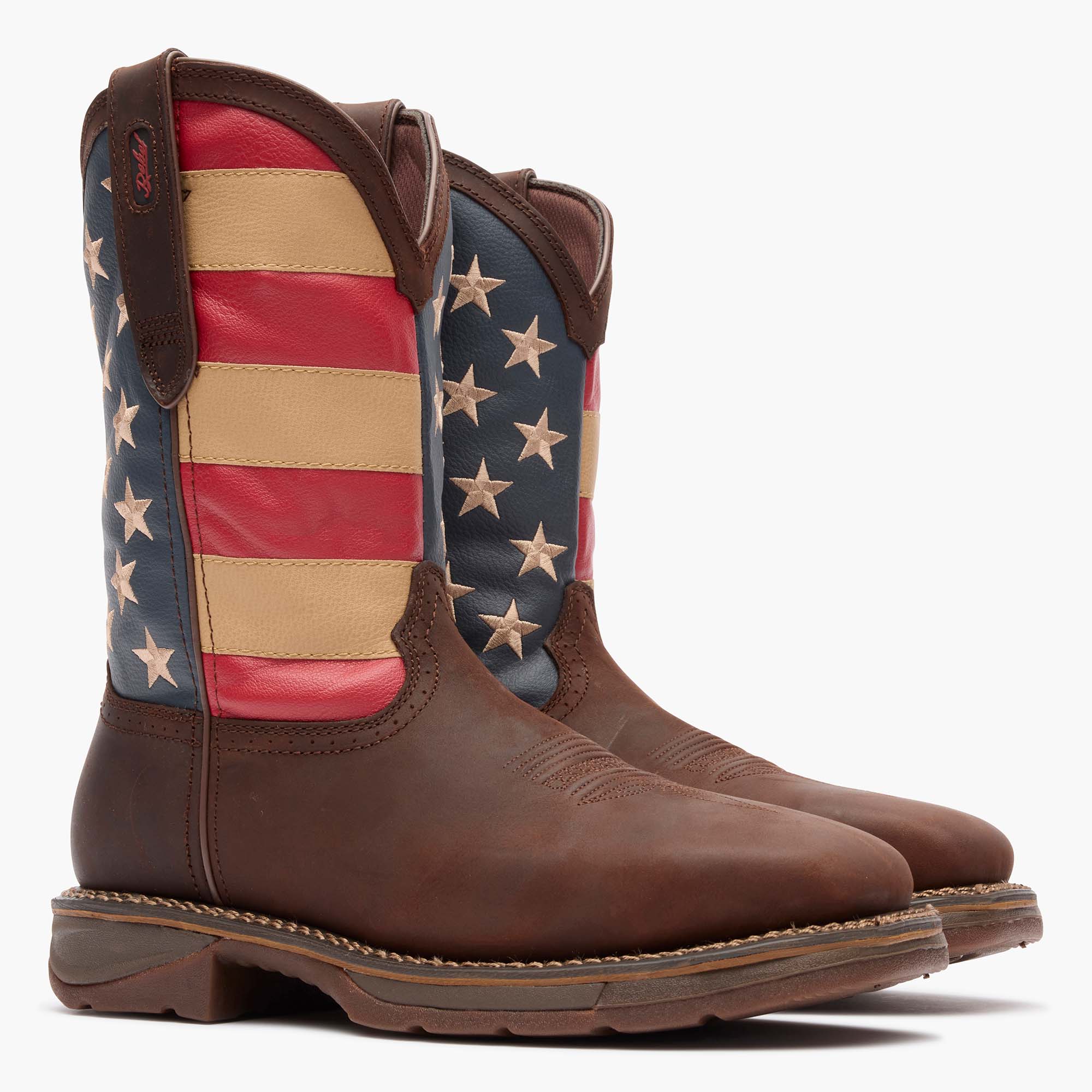 Front pair view of Durango Workin' Rebel work boots with American flag shaft design