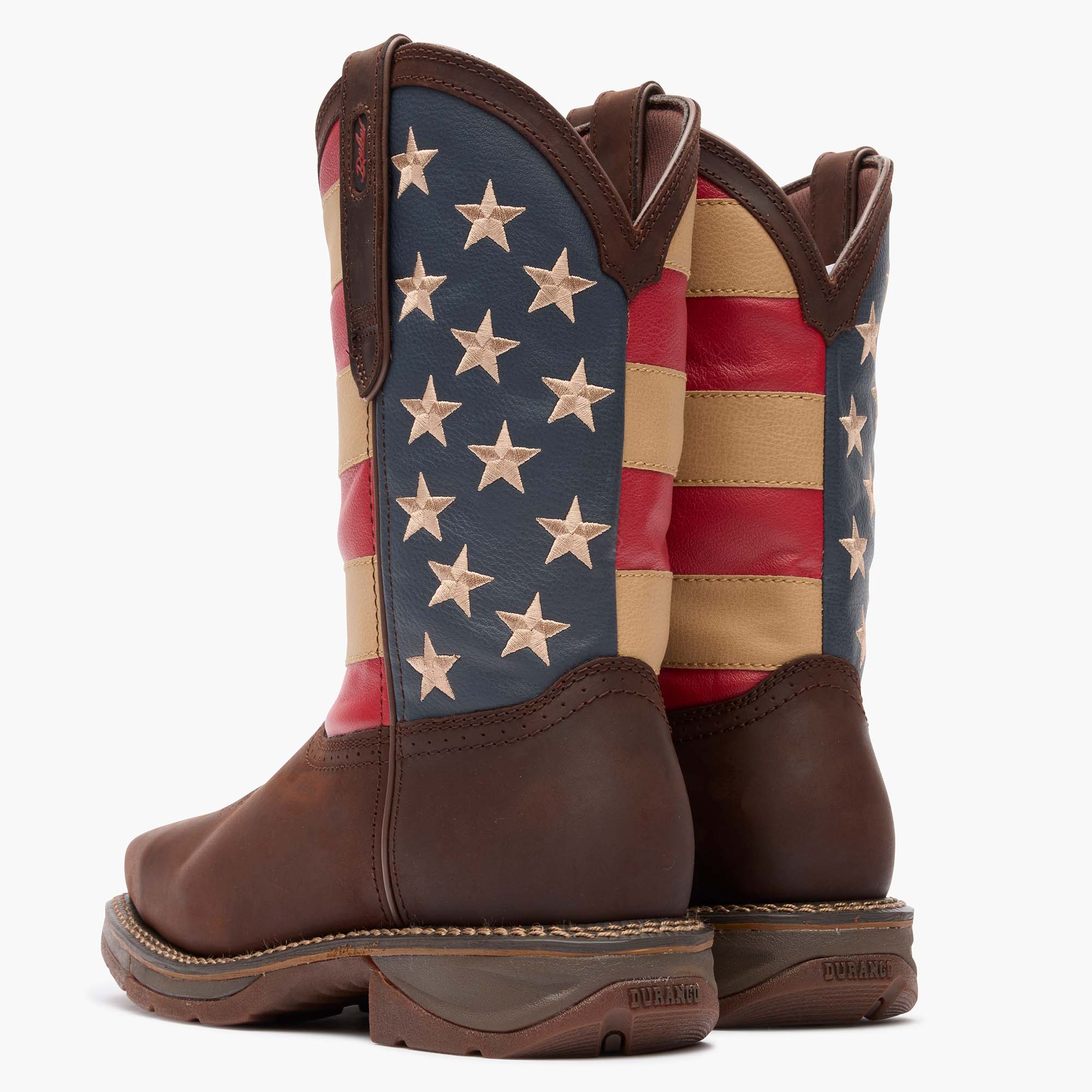 Back view of a pair of Durango Workin' Rebel work boots with American flag shaft design