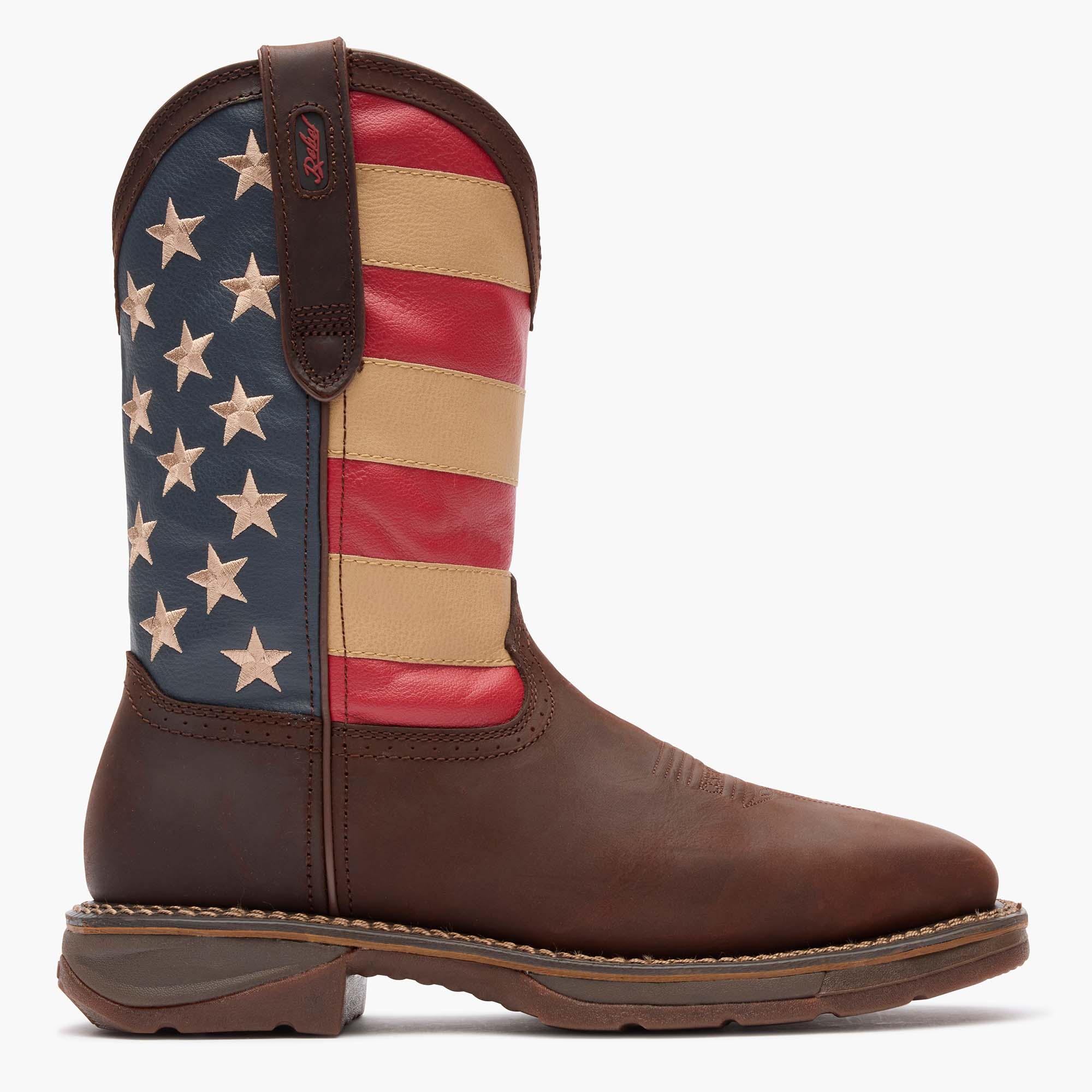 Outer side view of Durango Workin' Rebel work boots with American flag shaft design