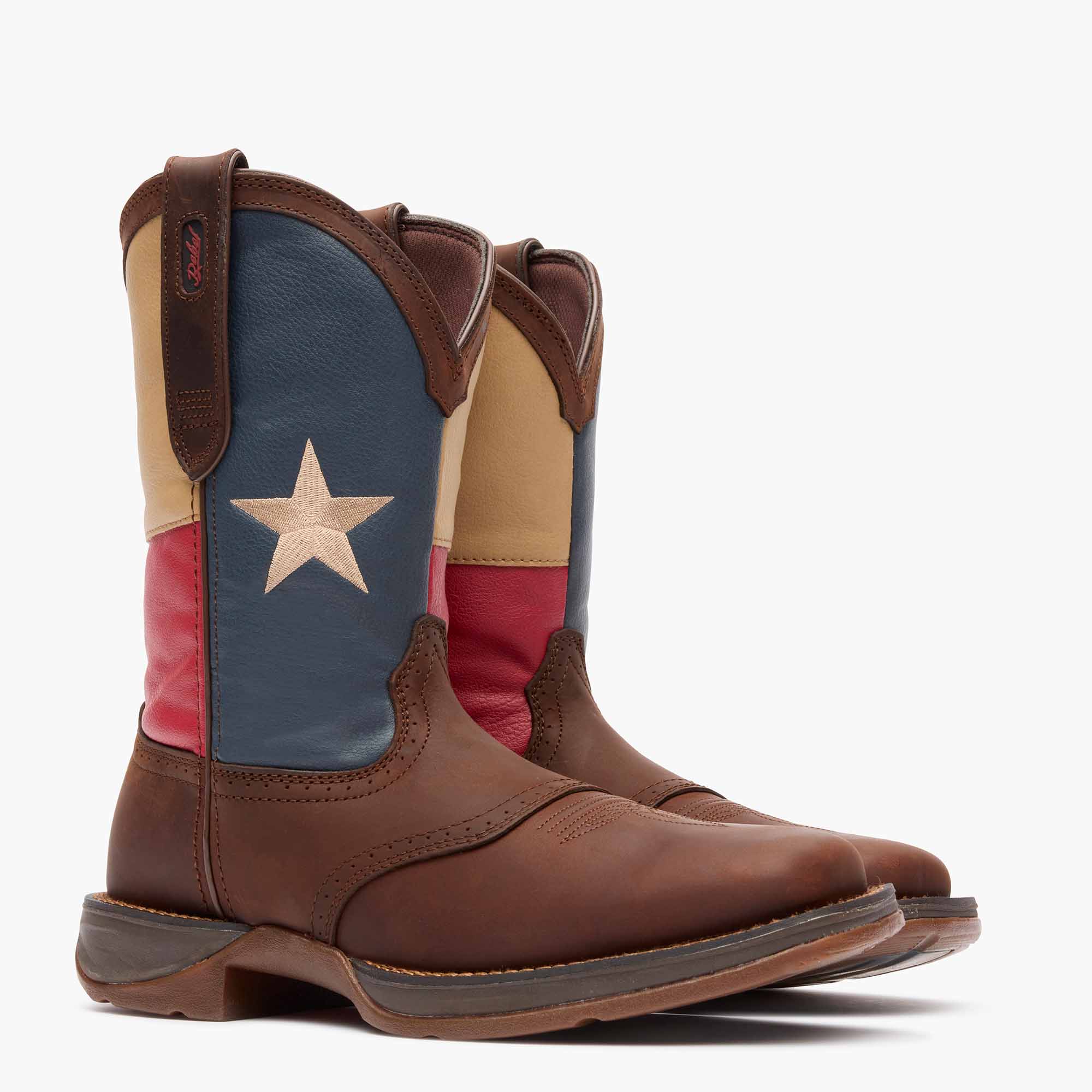 Front pair view of Durango Rebel Work brown western boot with Texas flag shaft design