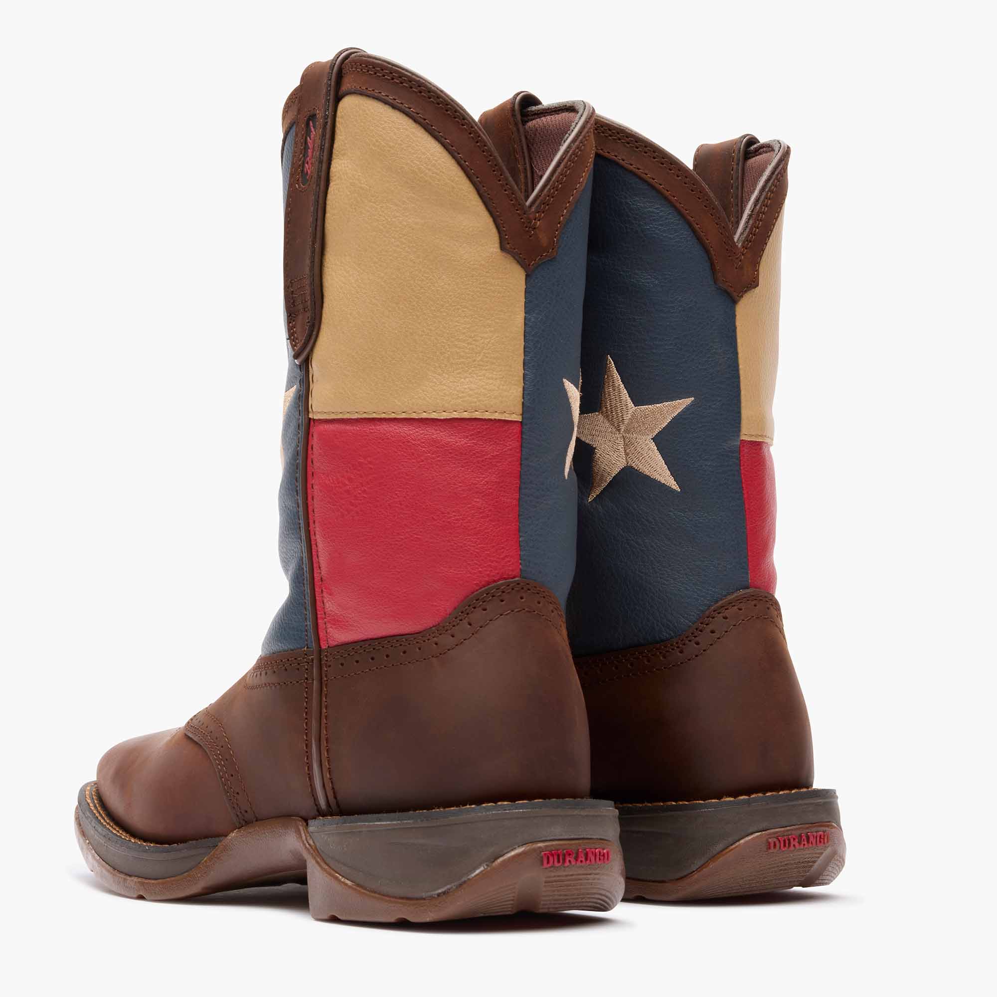 Back pair view of Durango Rebel Work brown western boot with Texas flag shaft design