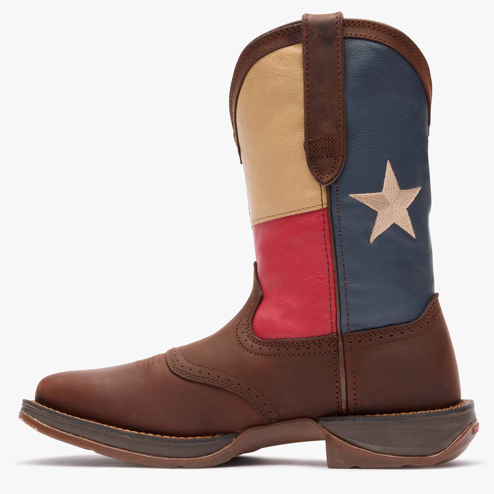 Inner side view of Durango Rebel Work brown western boot with Texas flag shaft design