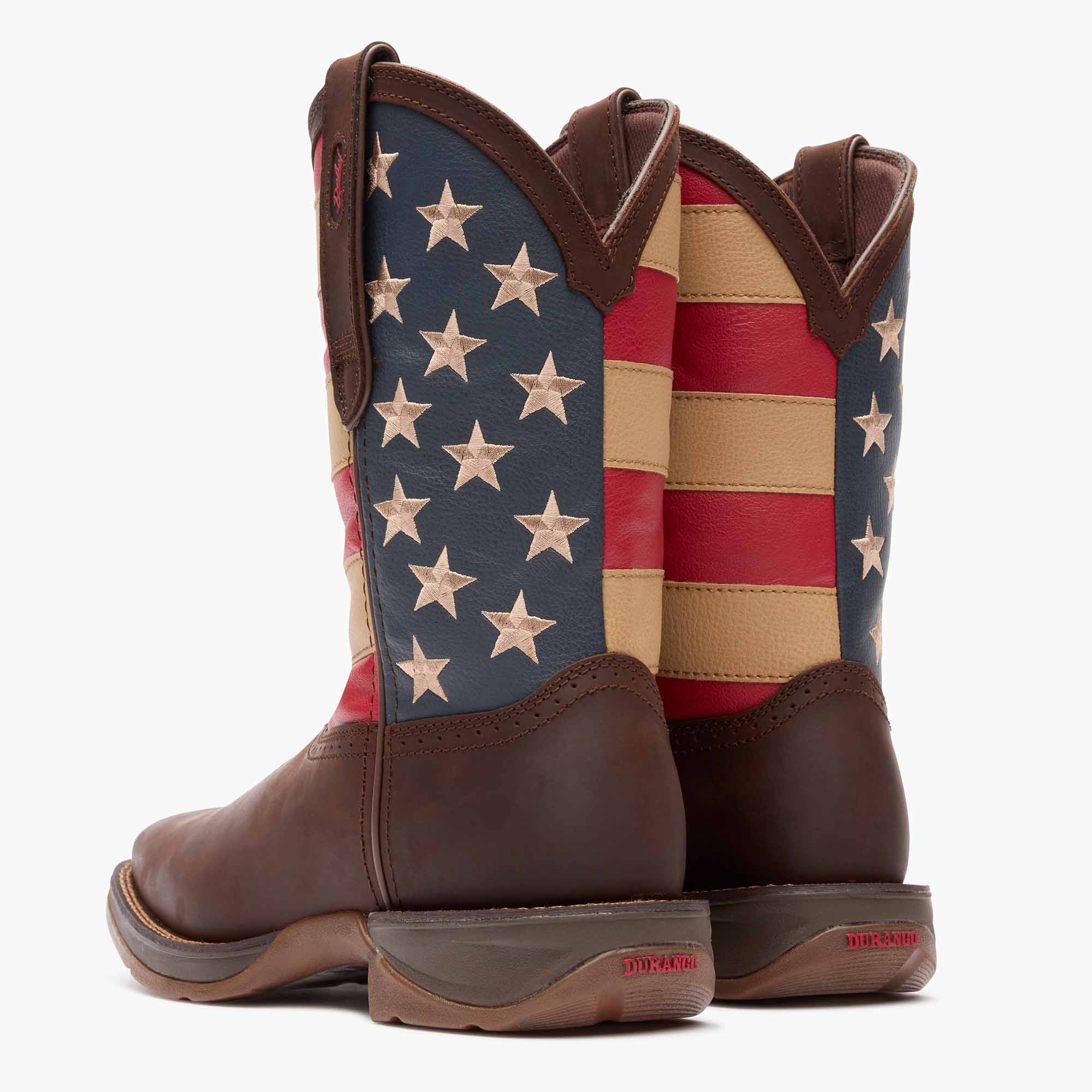 Back view of a pair of Durango Rebel™ USA Flag square toe western boots