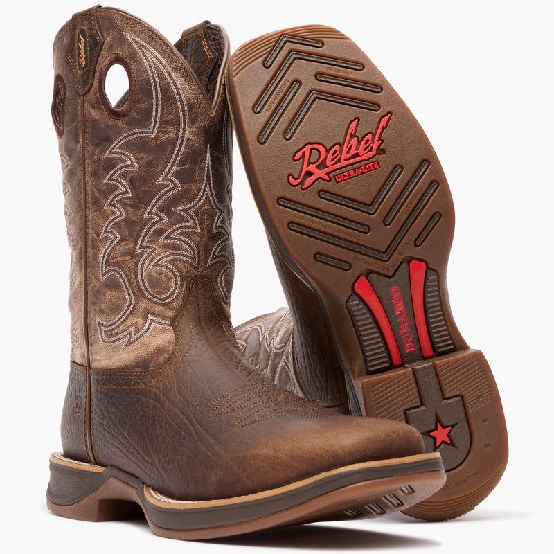 Front view of a pair of Durango Rebel Ultra Lite Brown Square Toe Western Boots showing the outsole