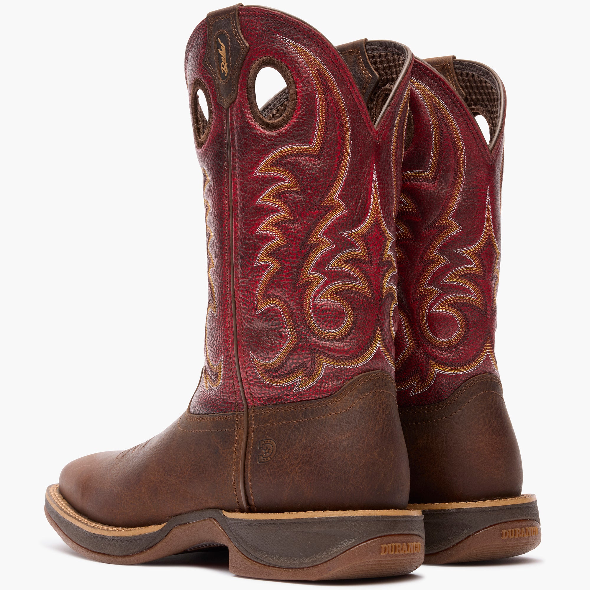 Back view of a pair of Durango Rebel Ultra Lite red shaft square toe western boots