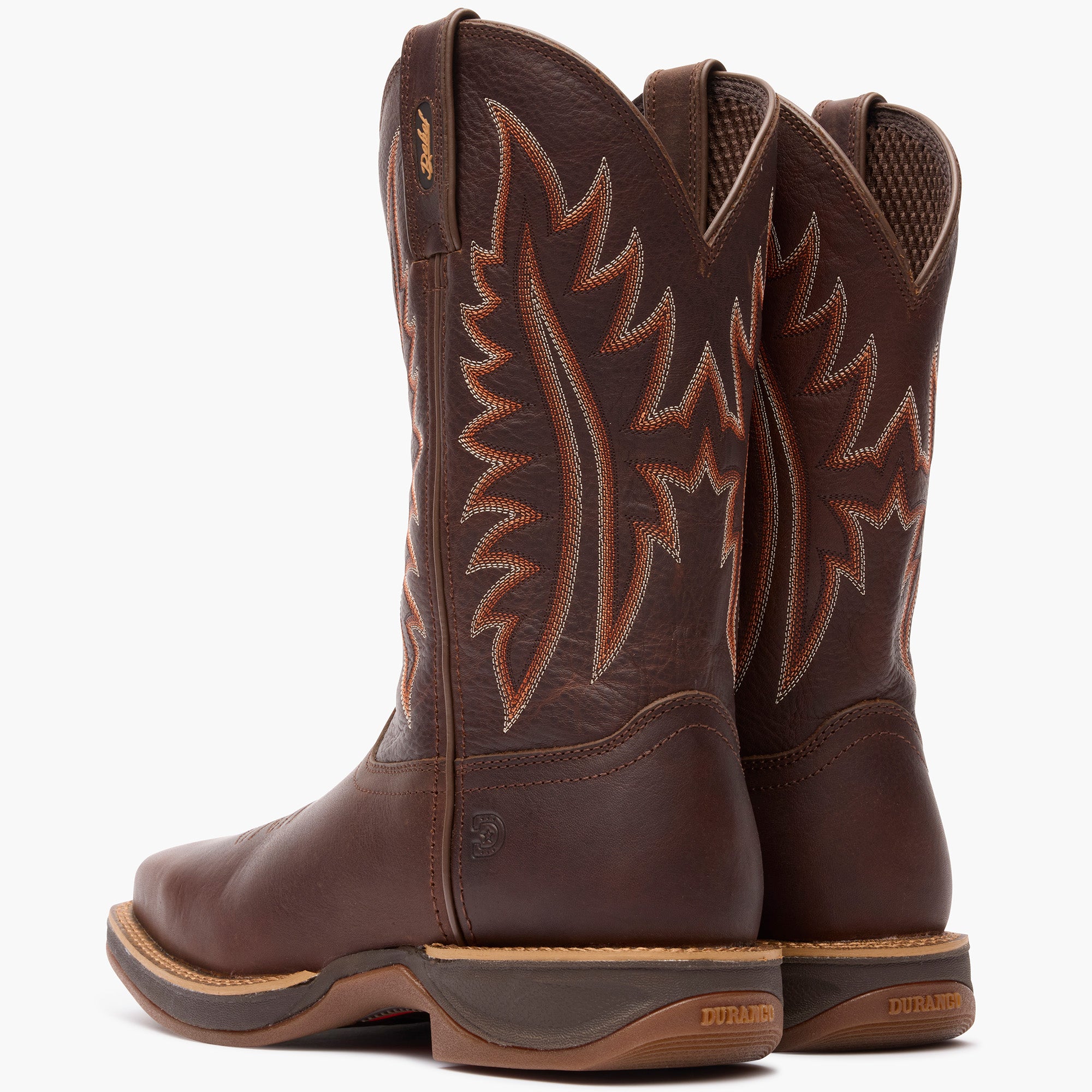 Back view of a pair of Durango Rebel Ultra Lite brown square toe western boots
