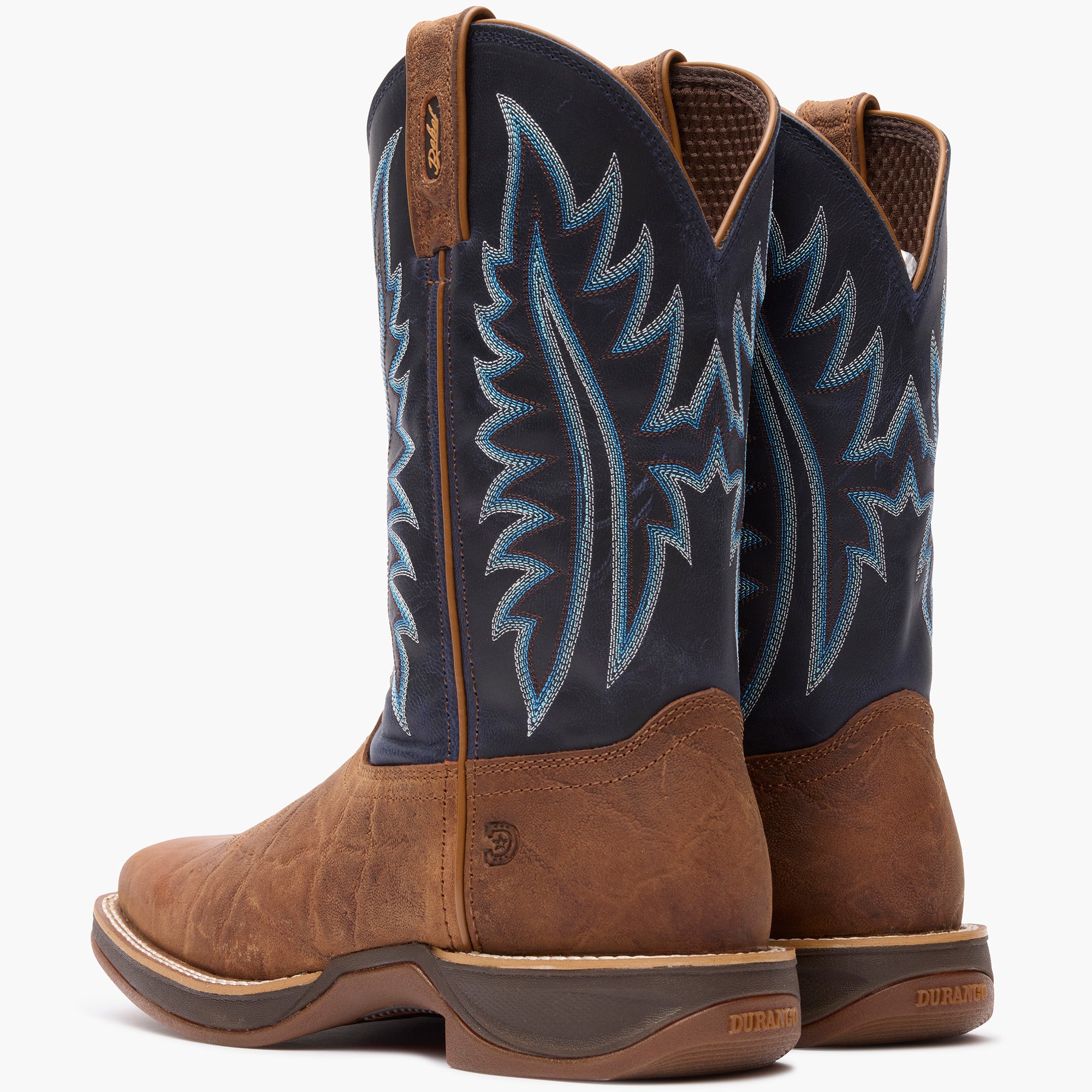 Back view of a pair of of Durango Rebel Ultra Lite brown square toe western boots
