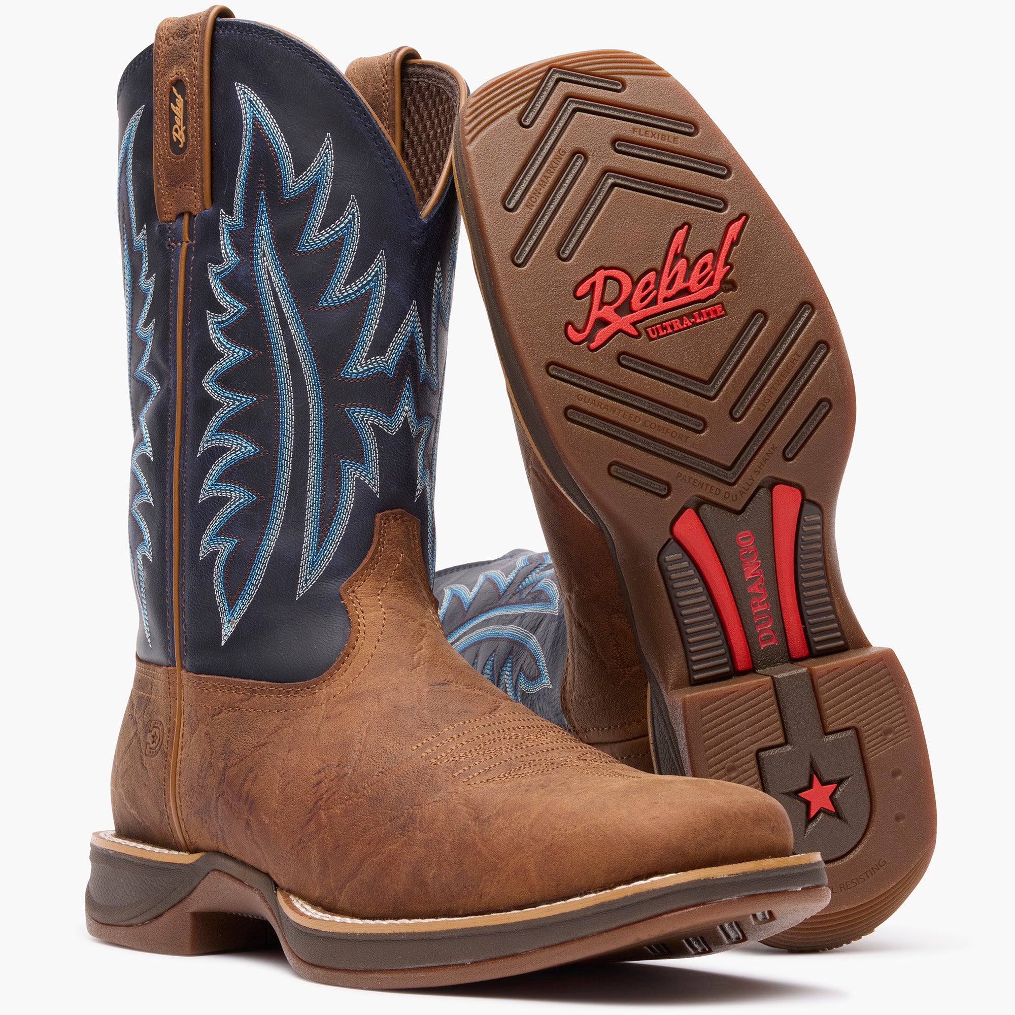 Front view of a pair of of Durango Rebel Ultra Lite brown square toe western boots with outsole showing.