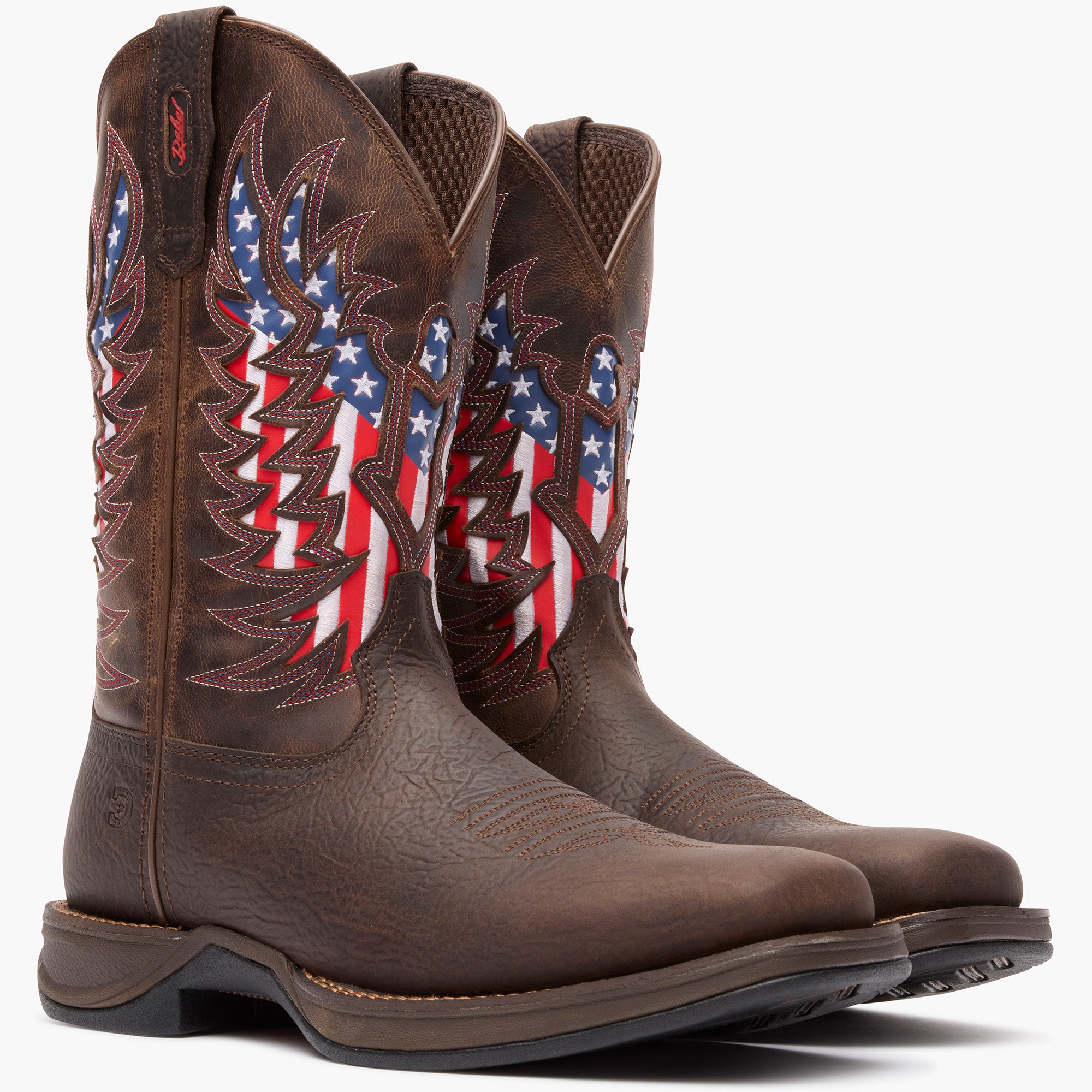 Front pair view of Durango Rebel Ultra Lite patriotic eagle brown square toe western boots