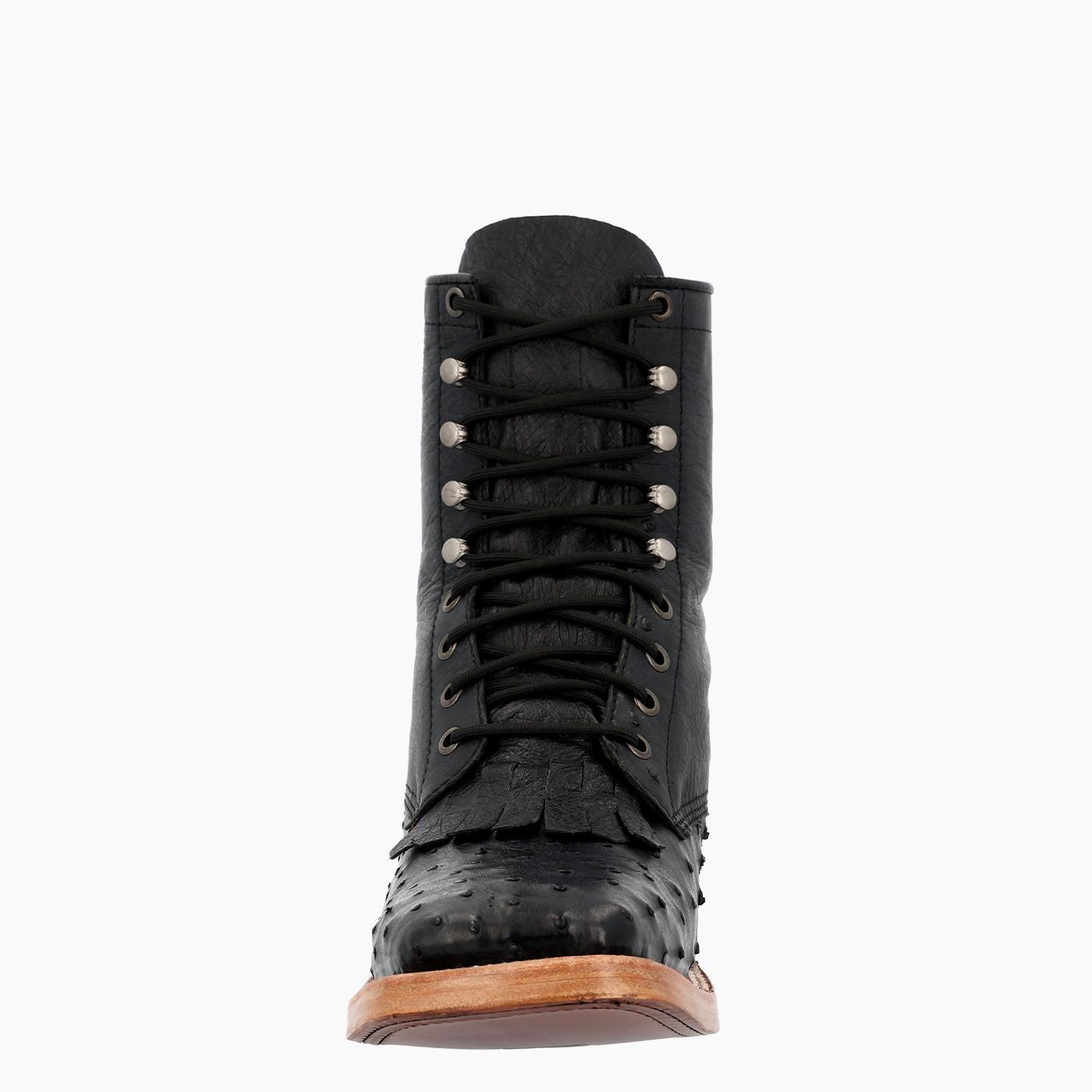 A single black leather lace-up boot with a textured ostrich-embossed toe and a light brown sole, shown from a front-facing perspective on a solid white background.