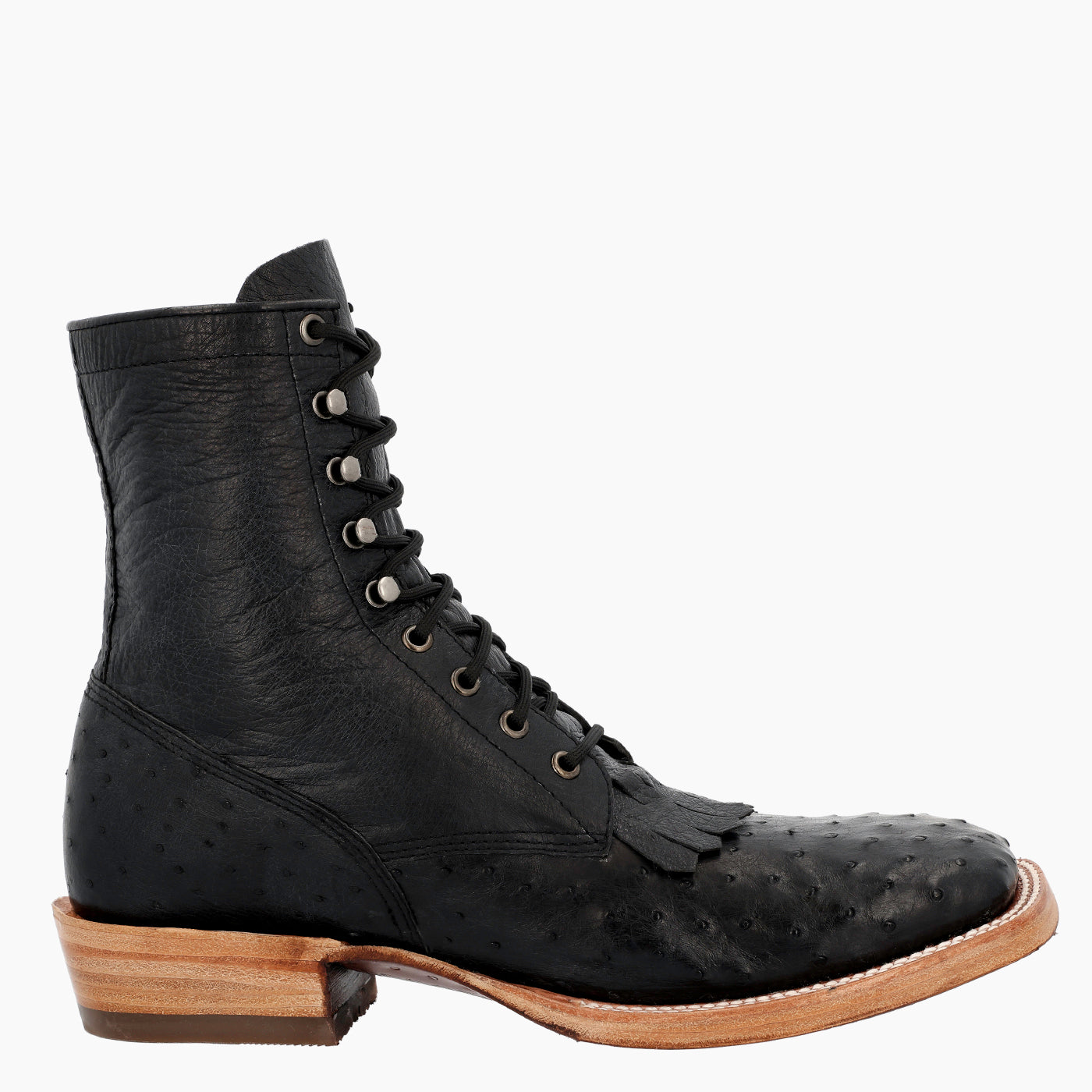 A black leather lace-up boot with ostrich-textured panels on the toe and heel, a low stacked wooden heel, and silver-tone eyelets, shown in profile against a plain white background.