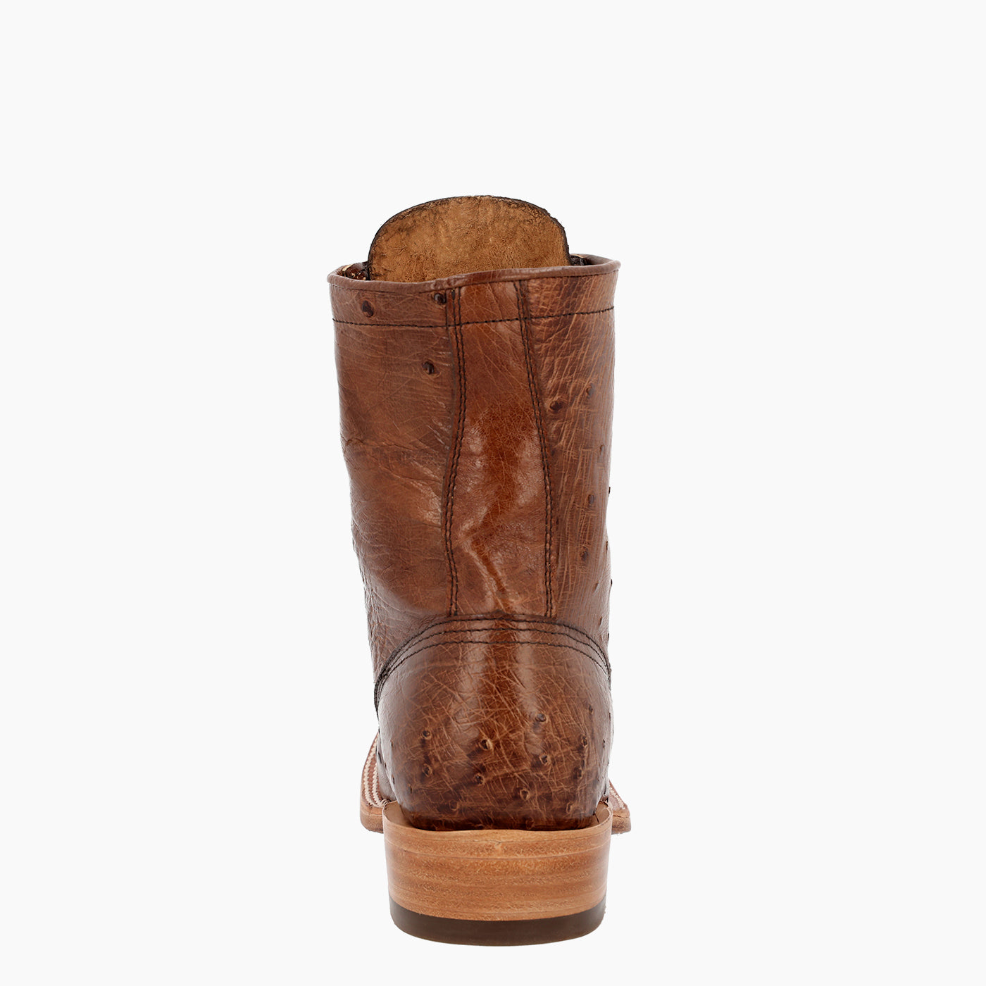A single brown leather cowboy boot shown from the back on a plain white background, featuring a textured leather shaft and heel.