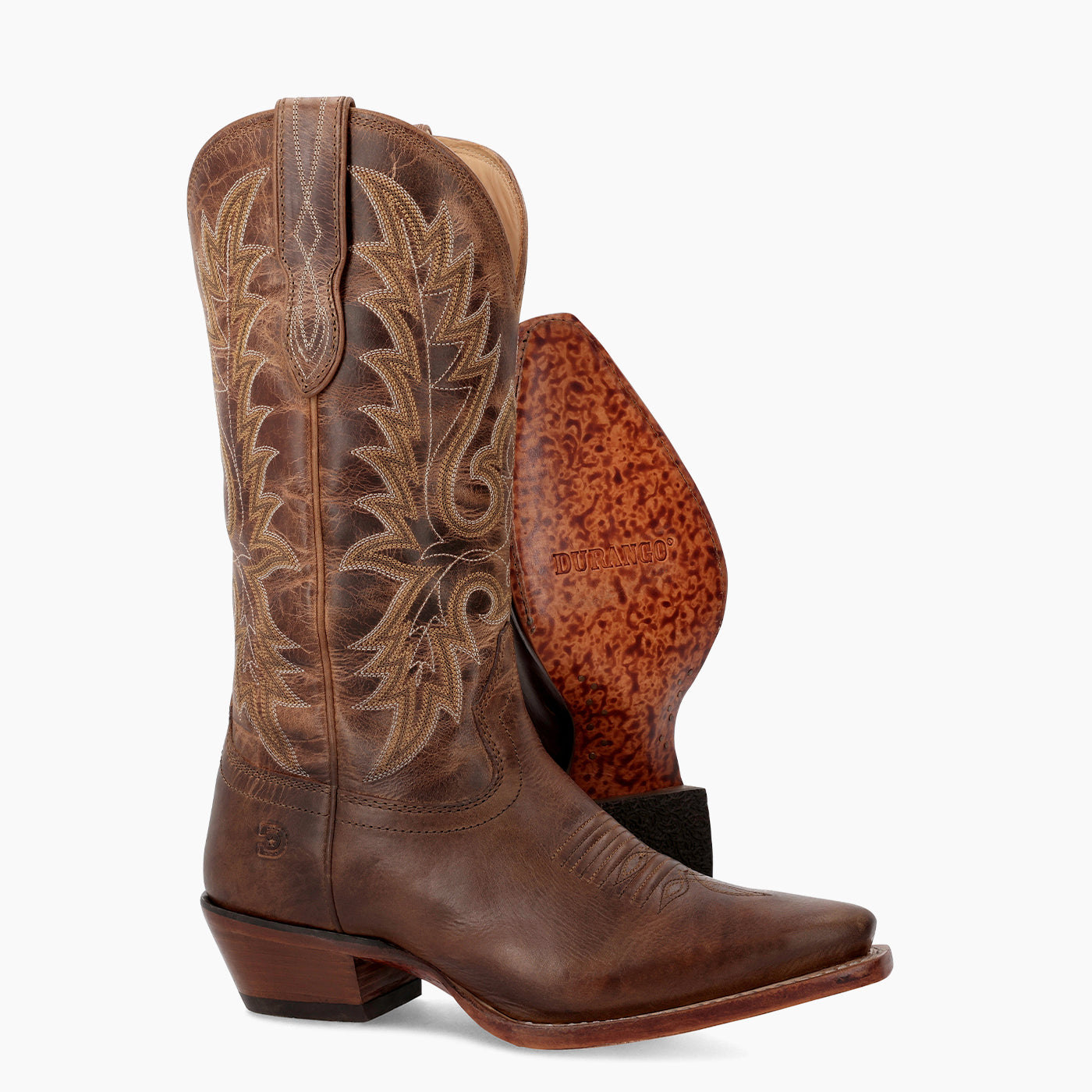 Front view of a pair of Durango brown cowgirl boots with leather outsole showing.