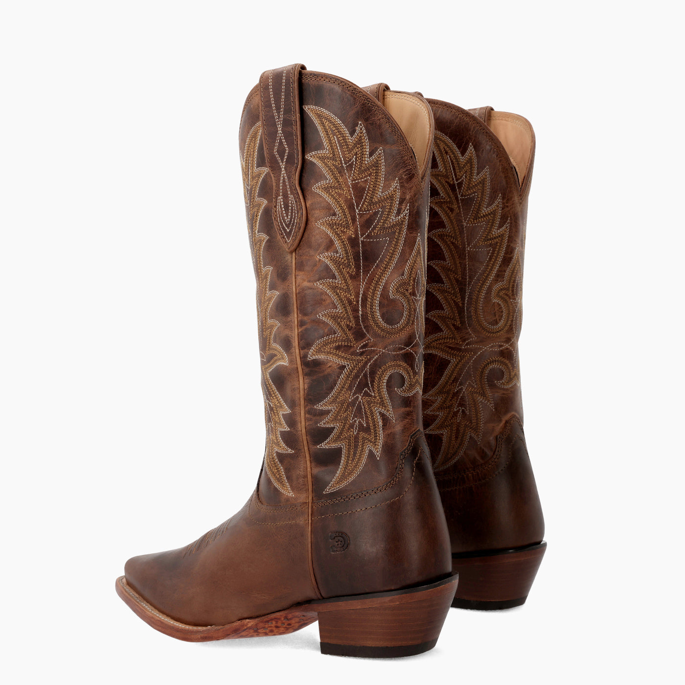Back view of a pair of Durango brown cowgirl boots