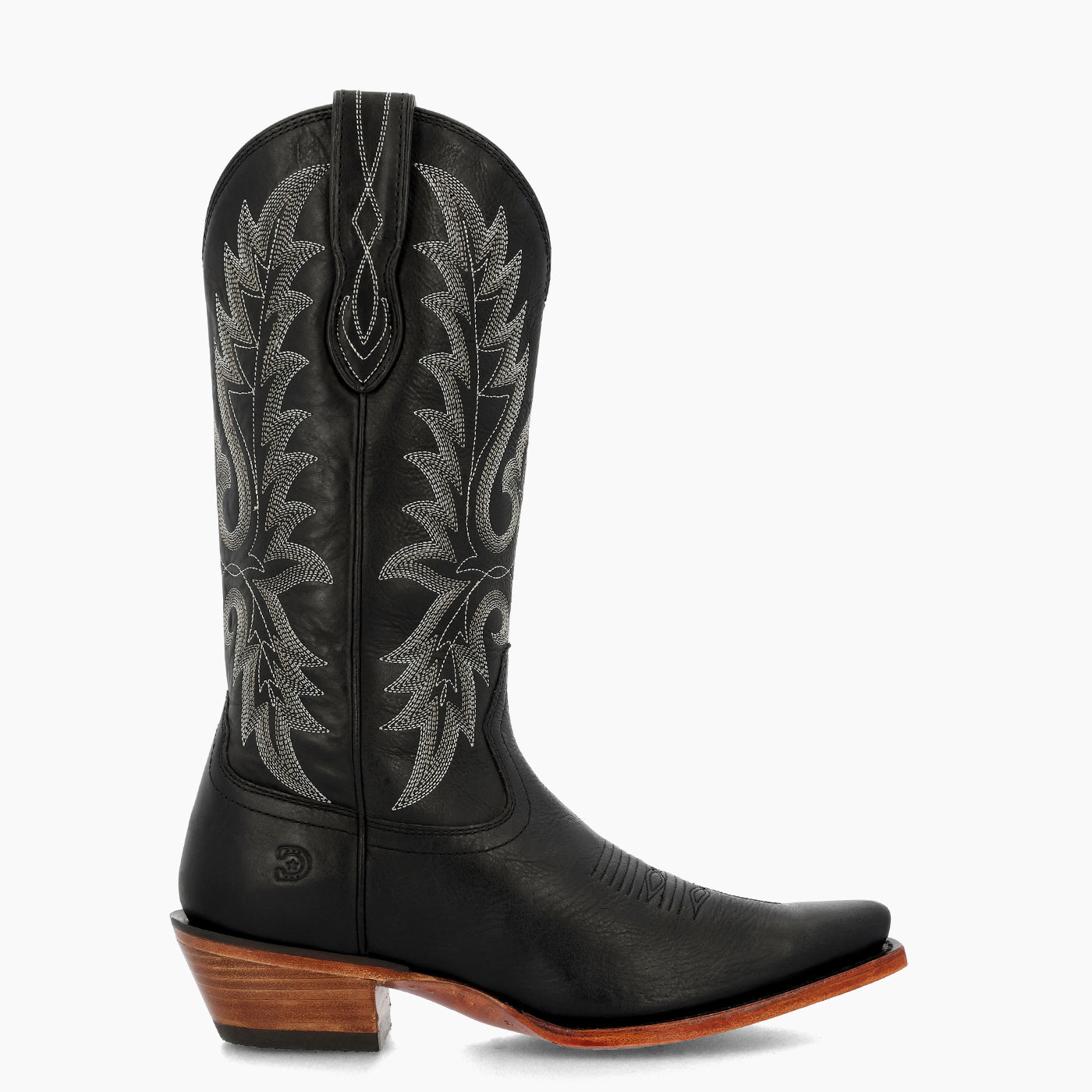 Outer side view of a Durango black cowgirl boot