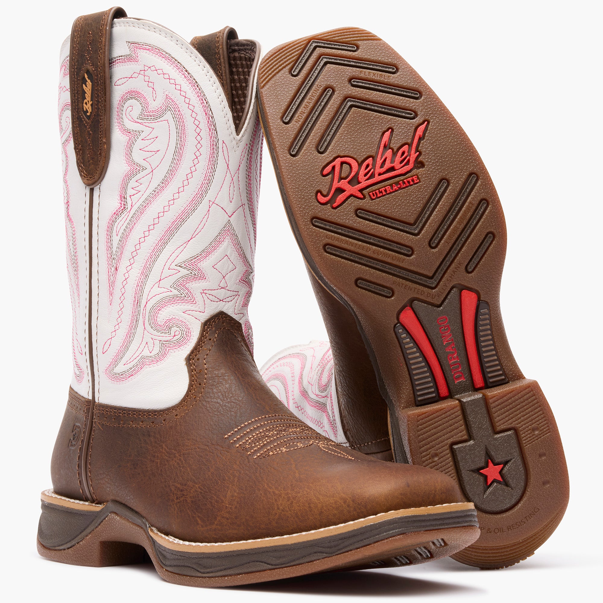 Front pair view of Durango Rebel Ultra Lite brown and white western boots with outsole showing