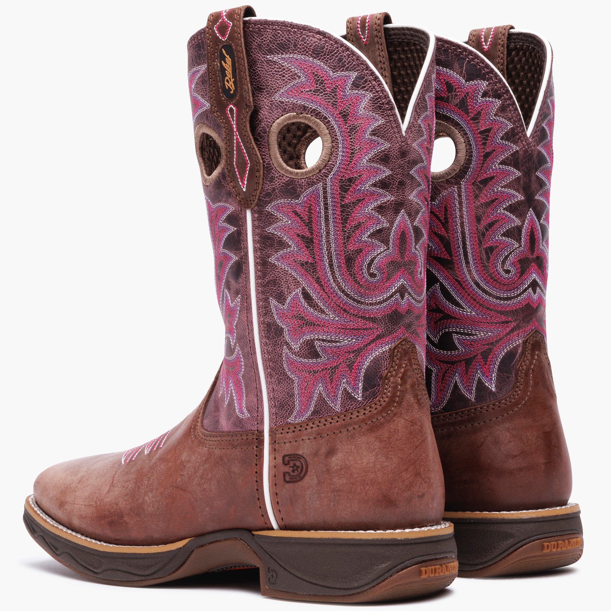 Back pair view of Durango Rebel Ultra Lite western boots with pink stitching