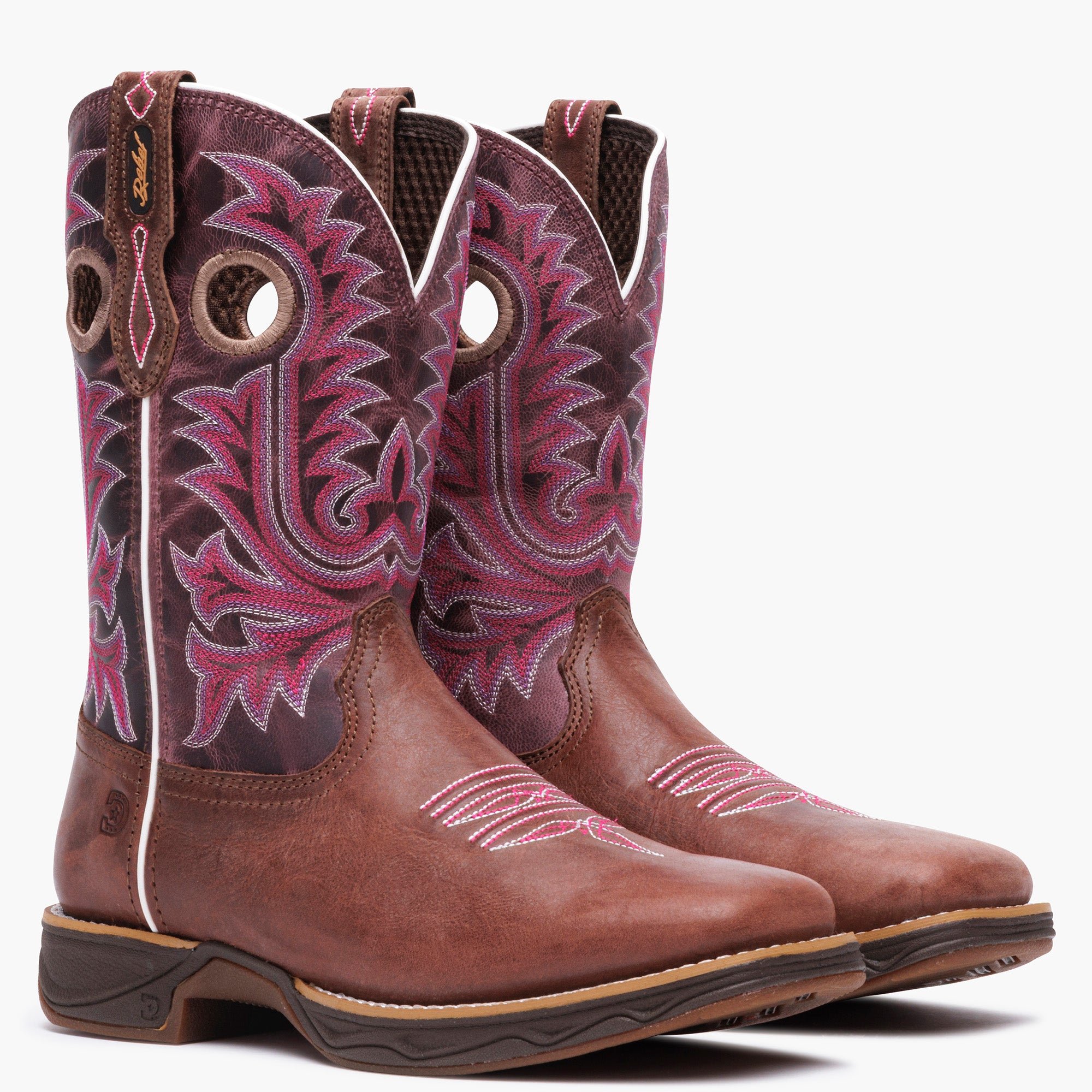 Front pair view of Durango Rebel Ultra Lite western boots with pink stitching