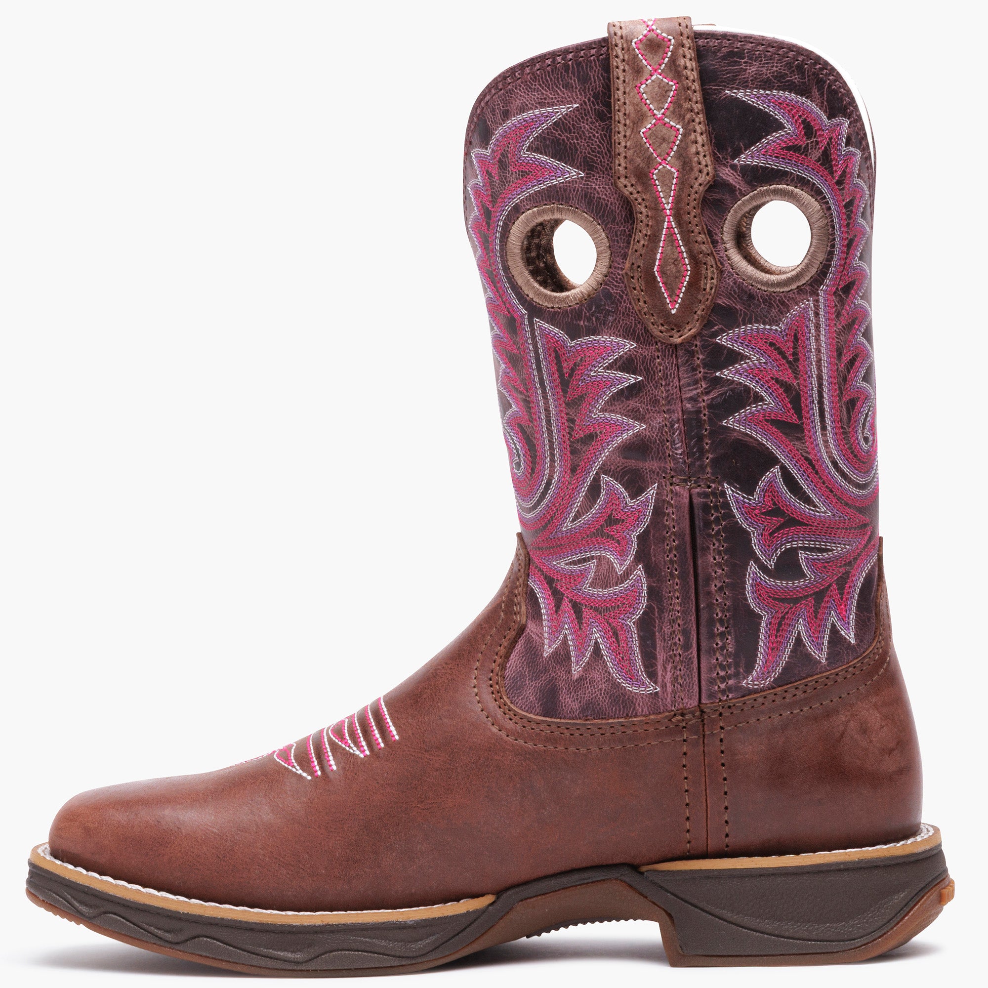 Inner side view of Durango Rebel Ultra Lite western boot with pink stitching