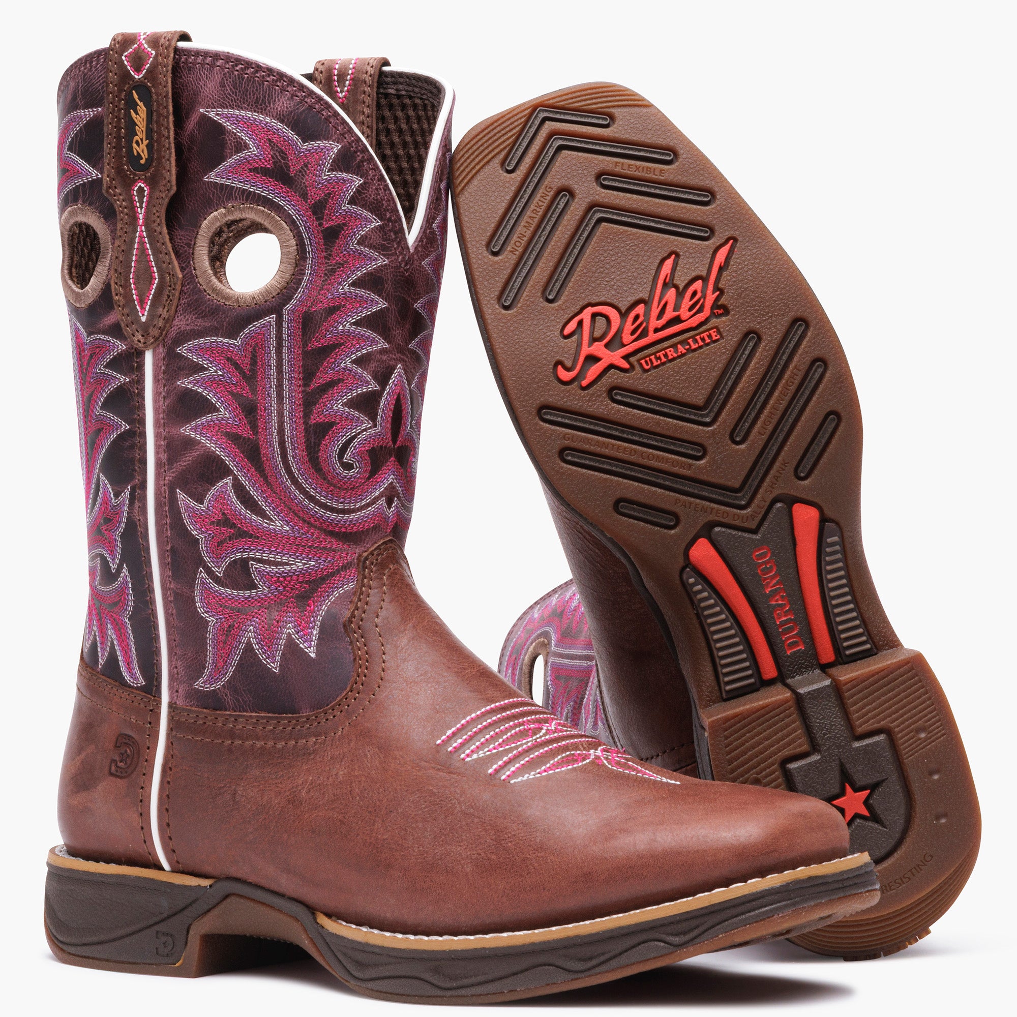 Front pair view of Durango Rebel Ultra Lite western boots with with pink stitching and outsole showing