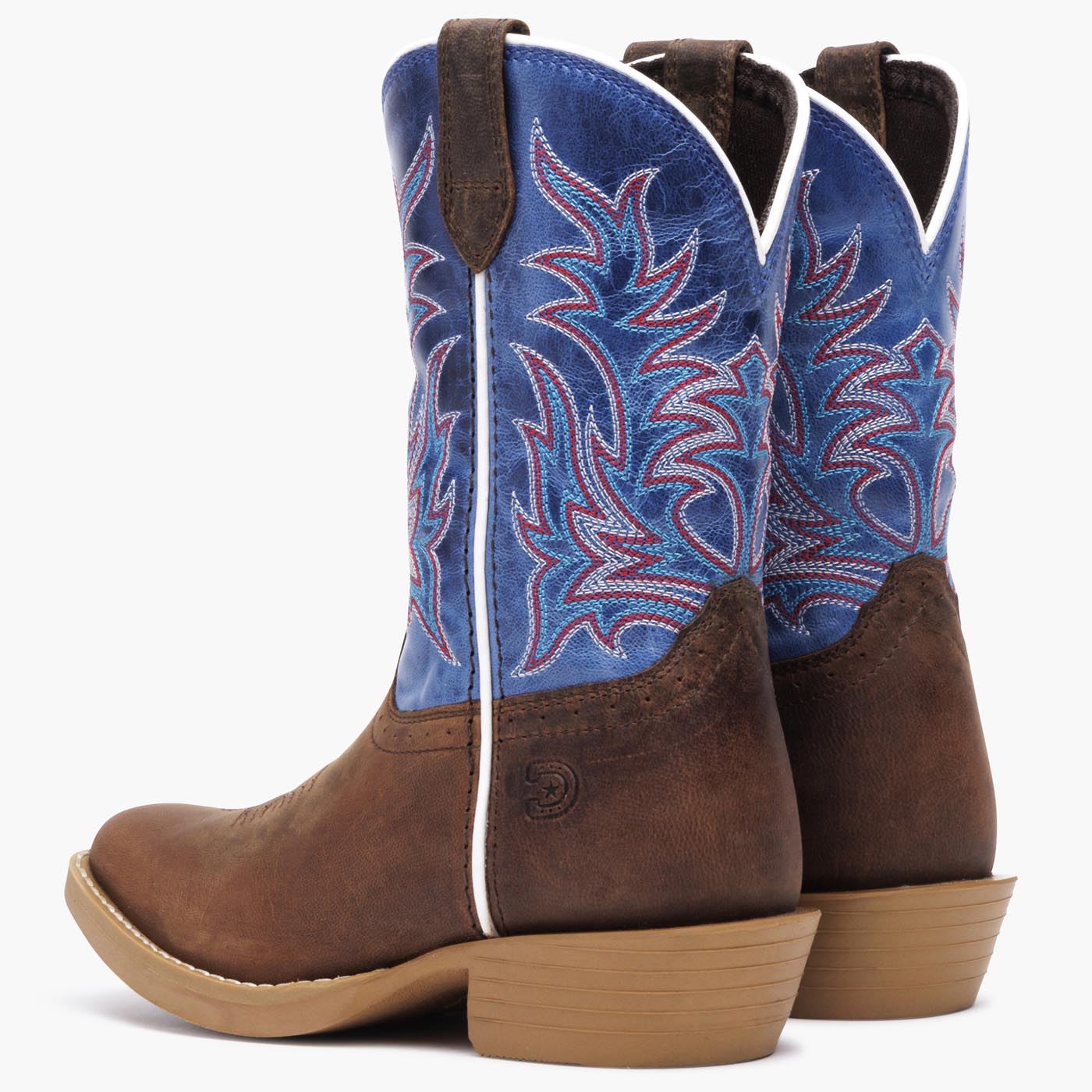 Durango kids’ Shyloh western boot in brown and blue leather with embroidered shaft and rubber outsole, back pair view on grey background.