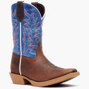 Durango kids’ Shyloh western boot in brown and blue leather with embroidered shaft and rubber outsole, front view on grey background.