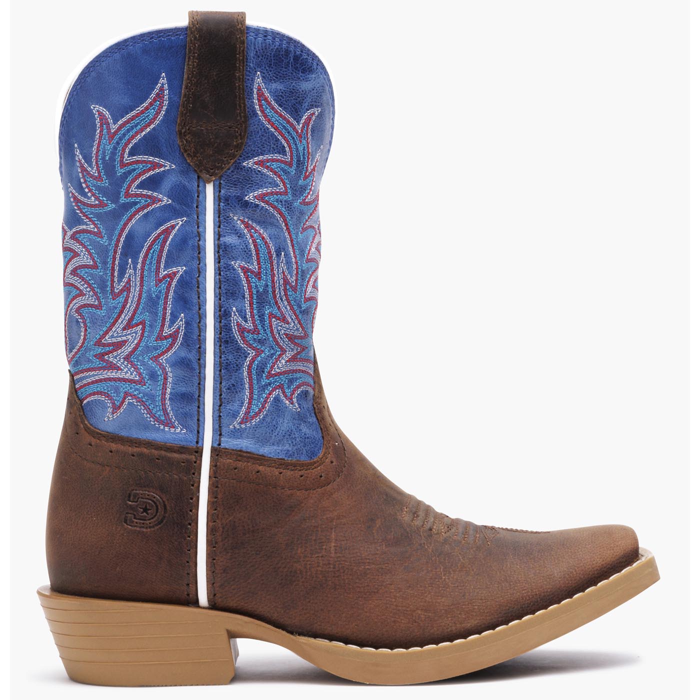 Durango kids’ Shyloh western boot in brown and blue leather with embroidered shaft and rubber outsole, outer side view on grey background.