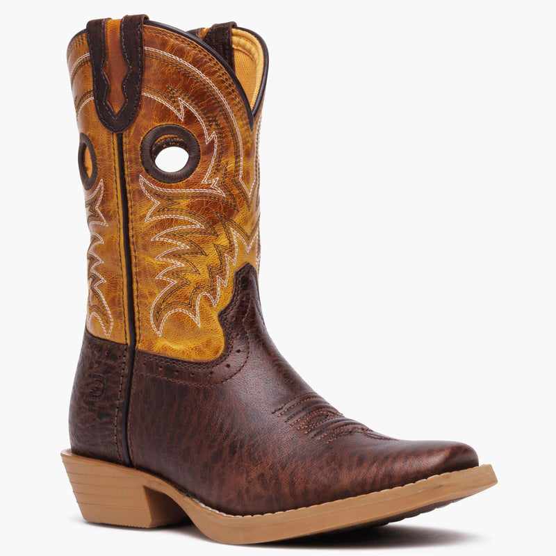 Front view of a brown and golden Durango kids' boot