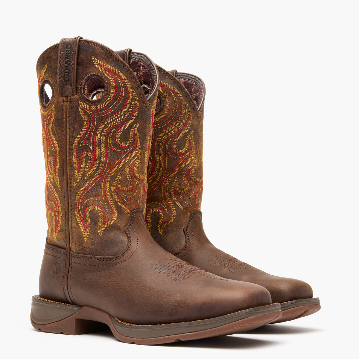 Front pair view of Durango Rebel brown square toe leather western boots with rubber outsole