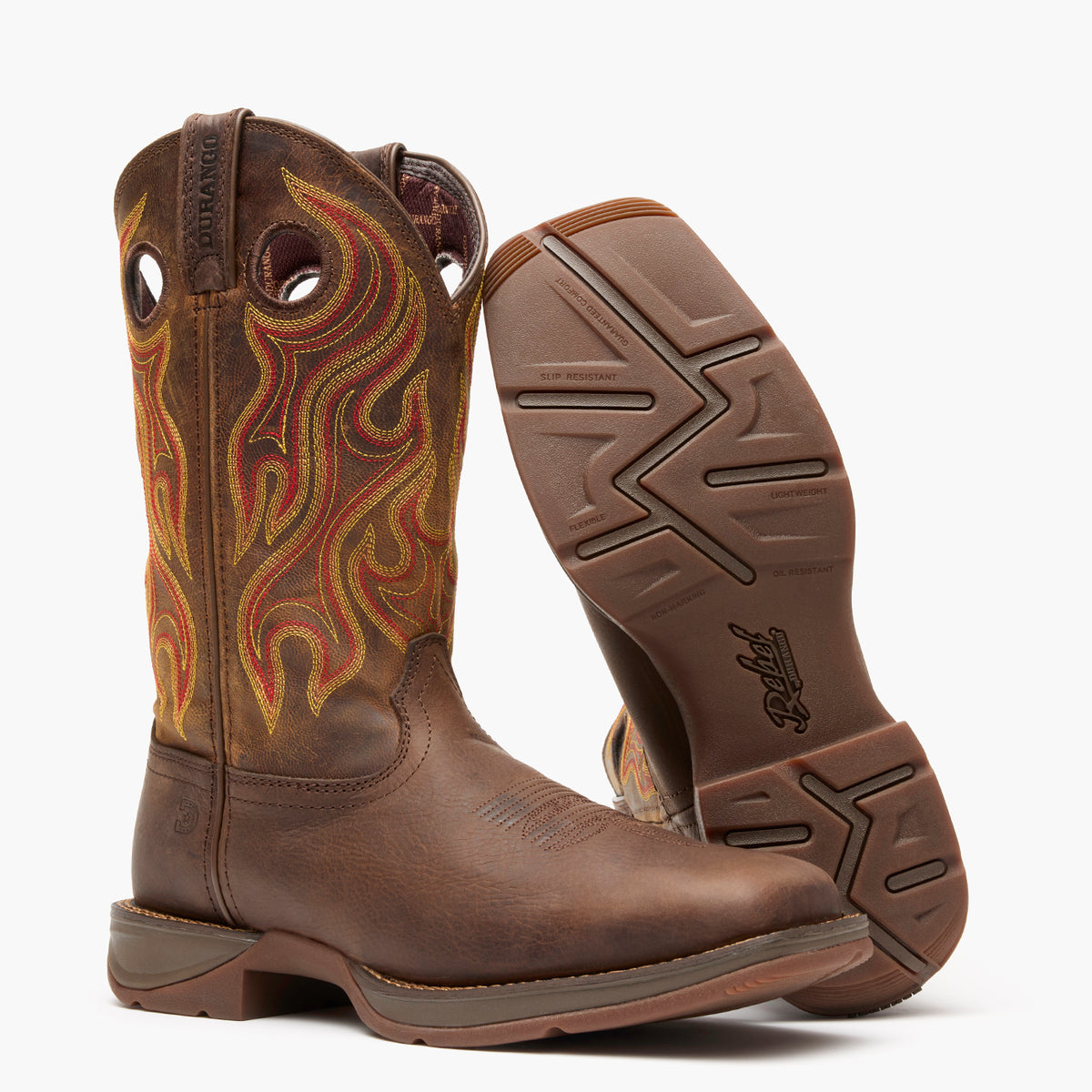 Front pair view of Durango Rebel brown square toe leather western boots with rubber outsole