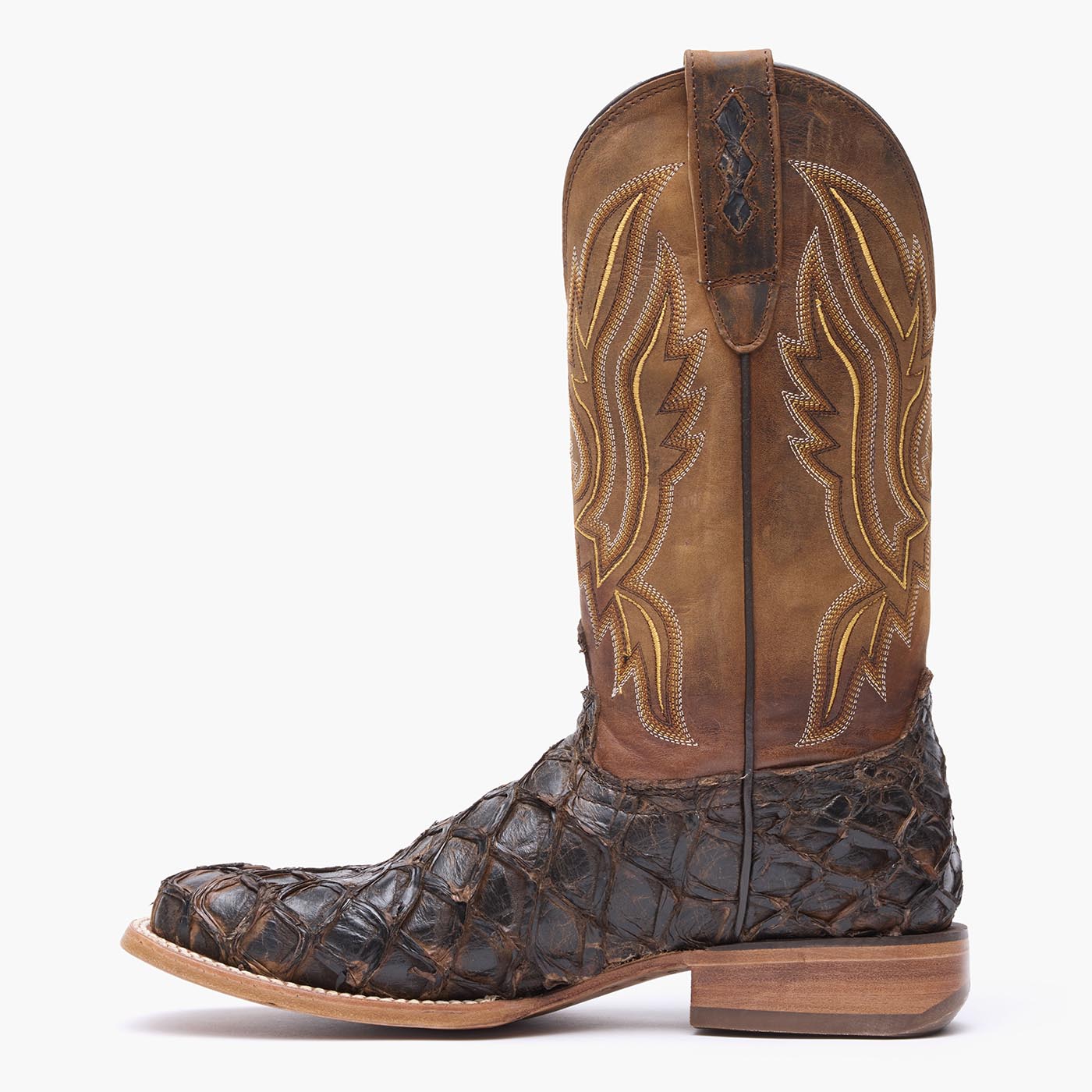 Inner side view of Durango brown square toe Pirarucu fish western boots