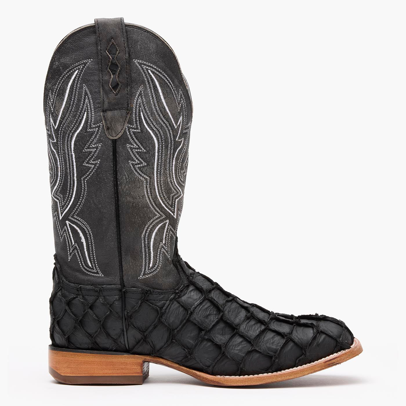 Side view of Durango square toe black Pirarucu fish western boots