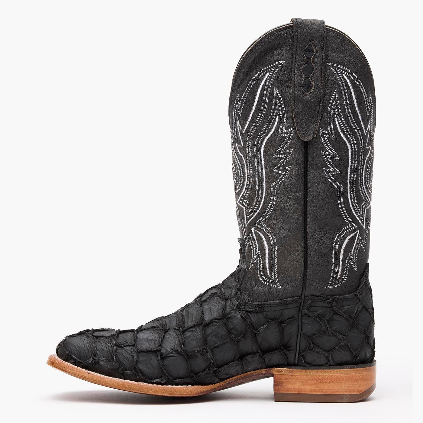 Inner side view of Durango black square toe Pirarucu fish western boots