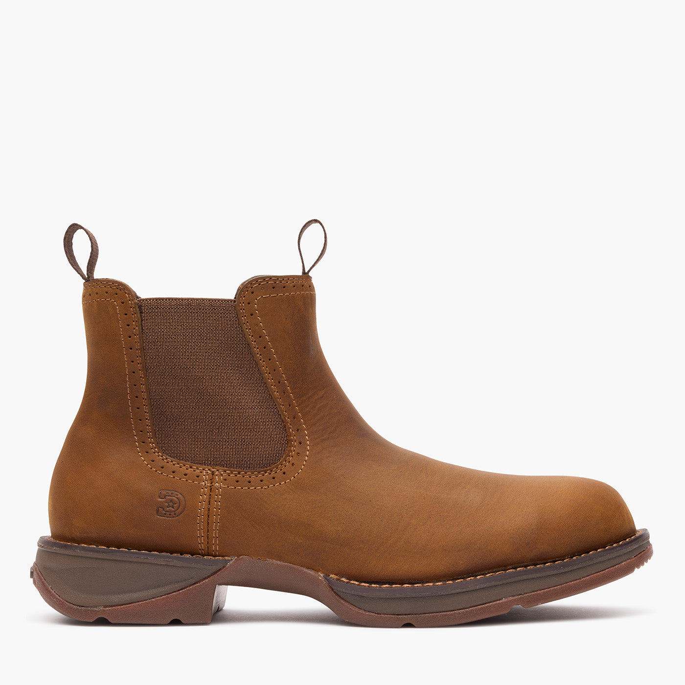 Outer side view of a Durango Red Dirt Rebel brown round toe chelsea boot