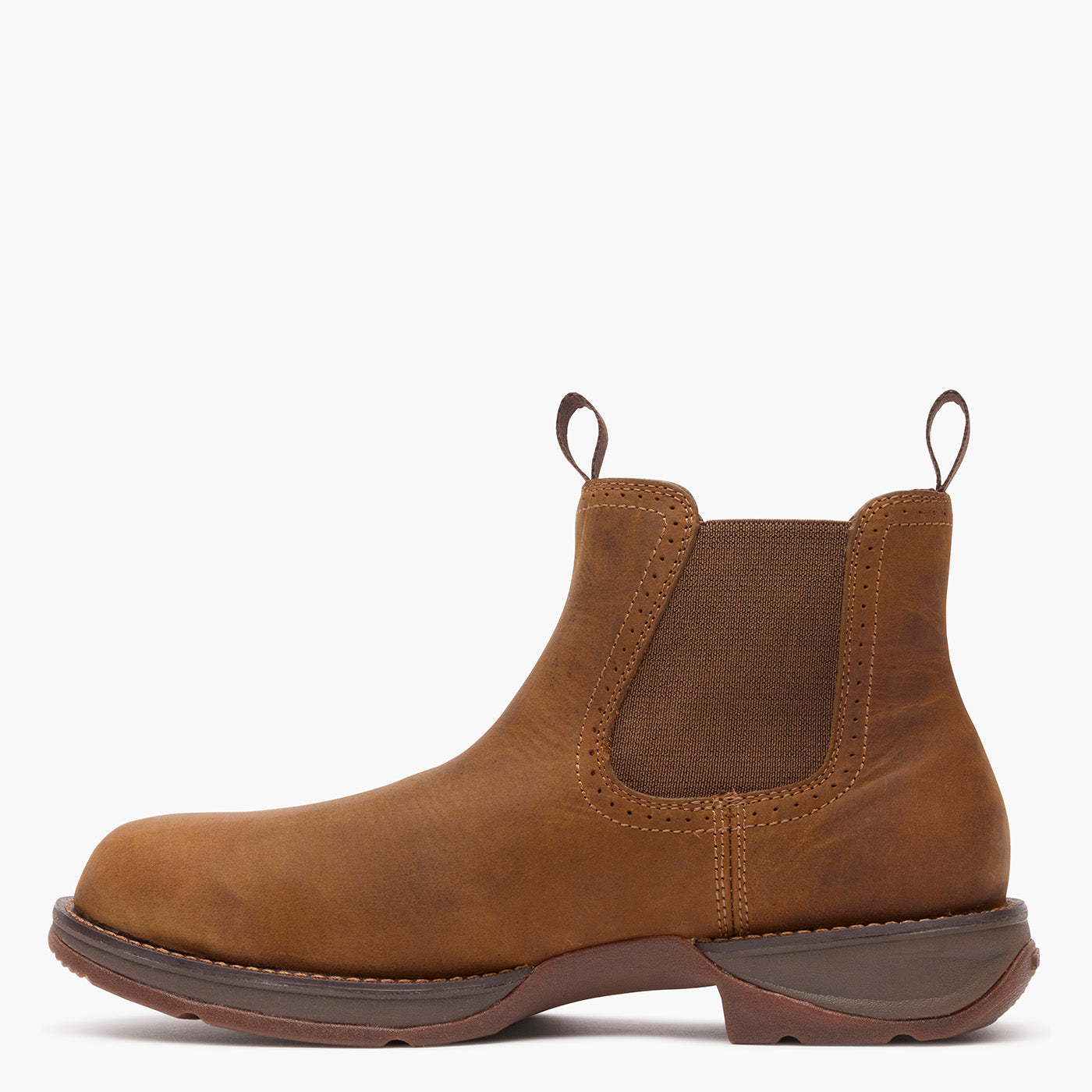 Inner side view of a Durango Red Dirt Rebel brown round toe chelsea boot