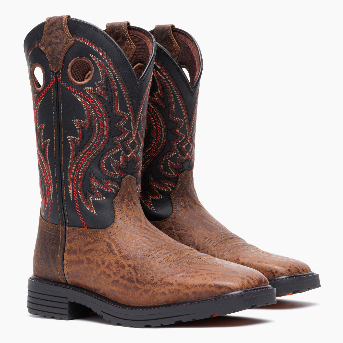 Front view of a pair of Durango black and brown steel toe work boots