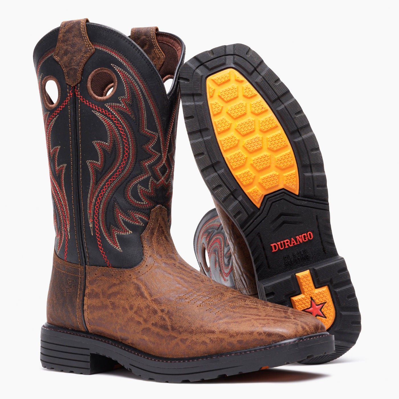 Outsole view of a pair of Durango black and brown steel toe work boots