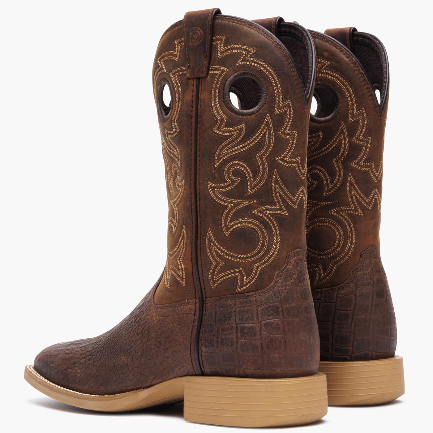 Back view of a pair of Durango brown crocodile print cowboy boots