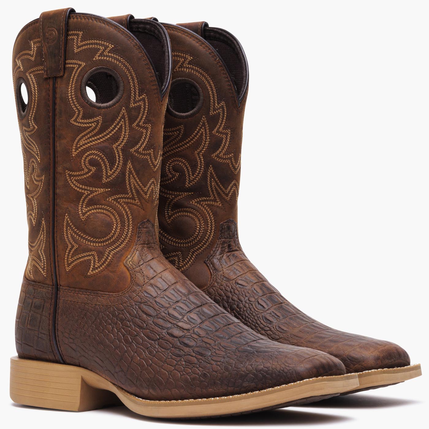 Front view of a pair of Durango brown crocodile print cowboy boots