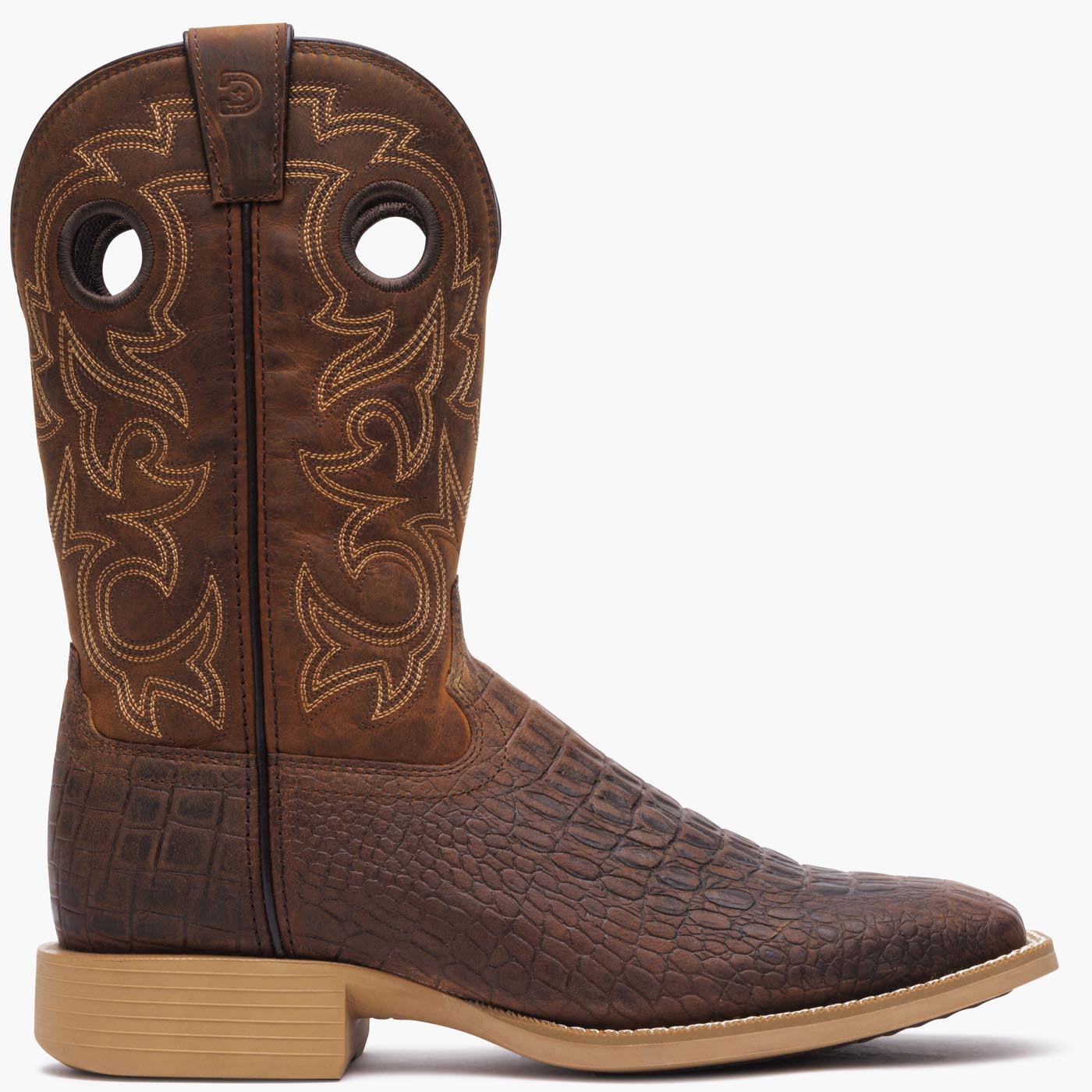 Exterior side view of a Durango brown crocodile print cowboy boot